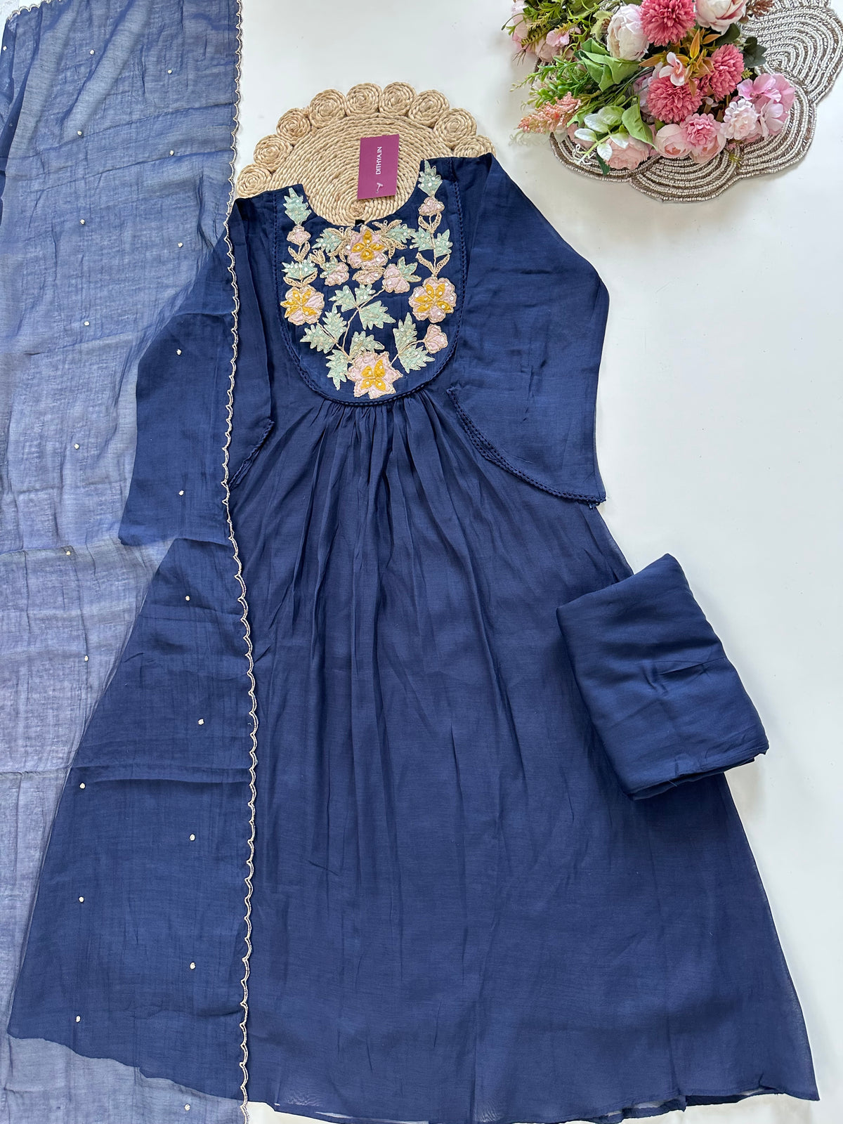 K265 - Mul Chanderi applique work Aline Kurti with pants and dupatta in 2 colours