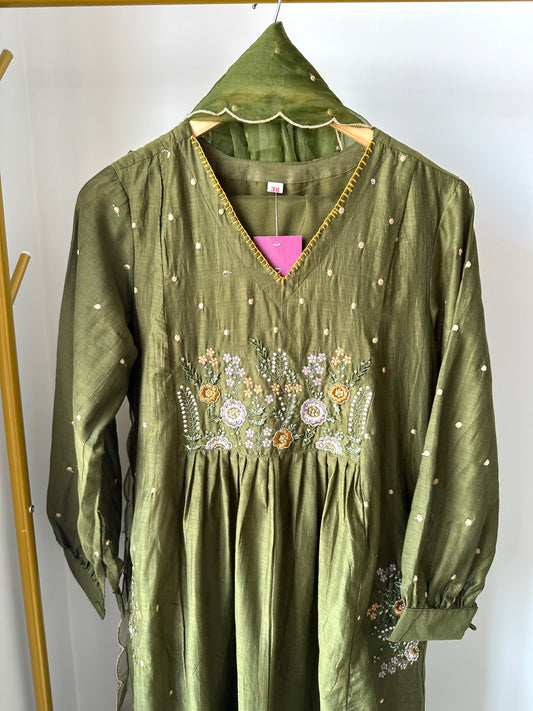 K178 - Mul Chanderi handwork Aline Kurti with pants and dupatta