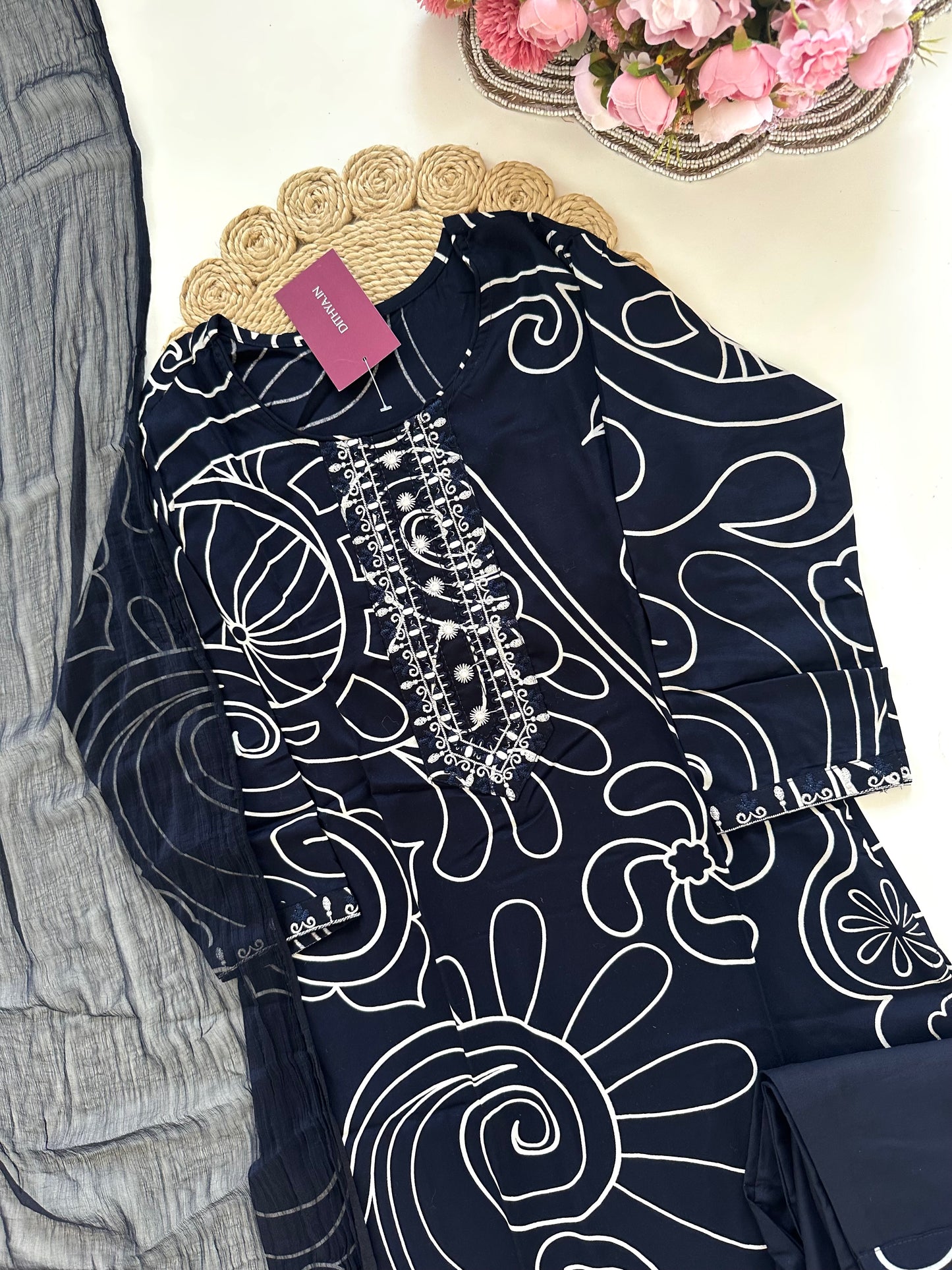 K418 - Cotton printed straight Kurti with pants and dupatta