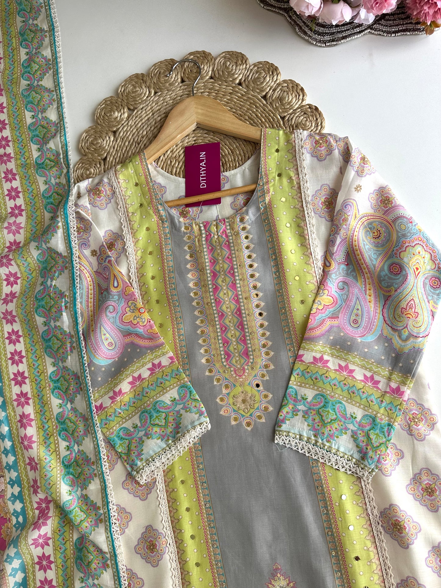K210 - Pure muslin handwork straight Kurti with pants and dupatta