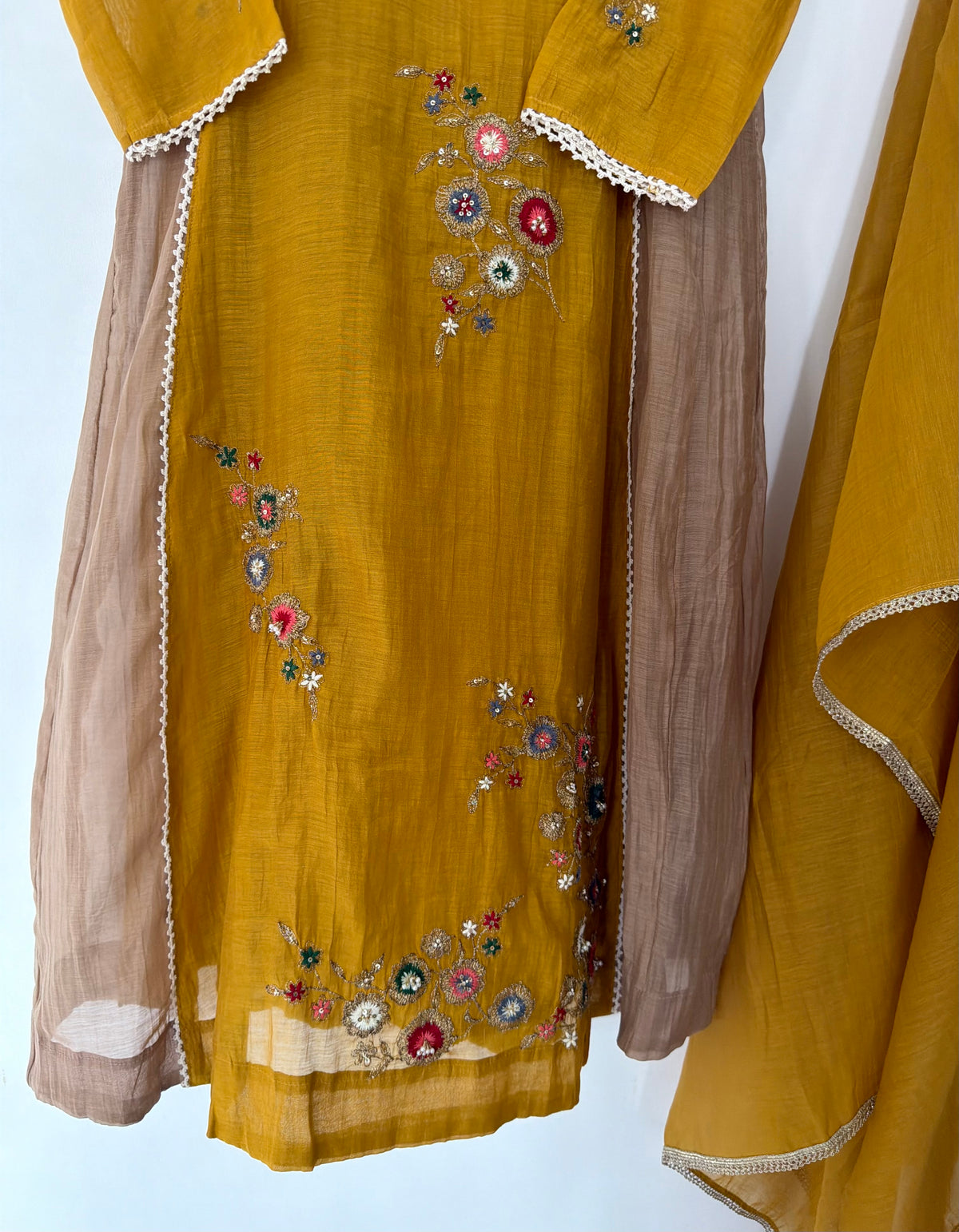 K107 - Mul chanderi floral embroidered Anarkali with pants and dupatta