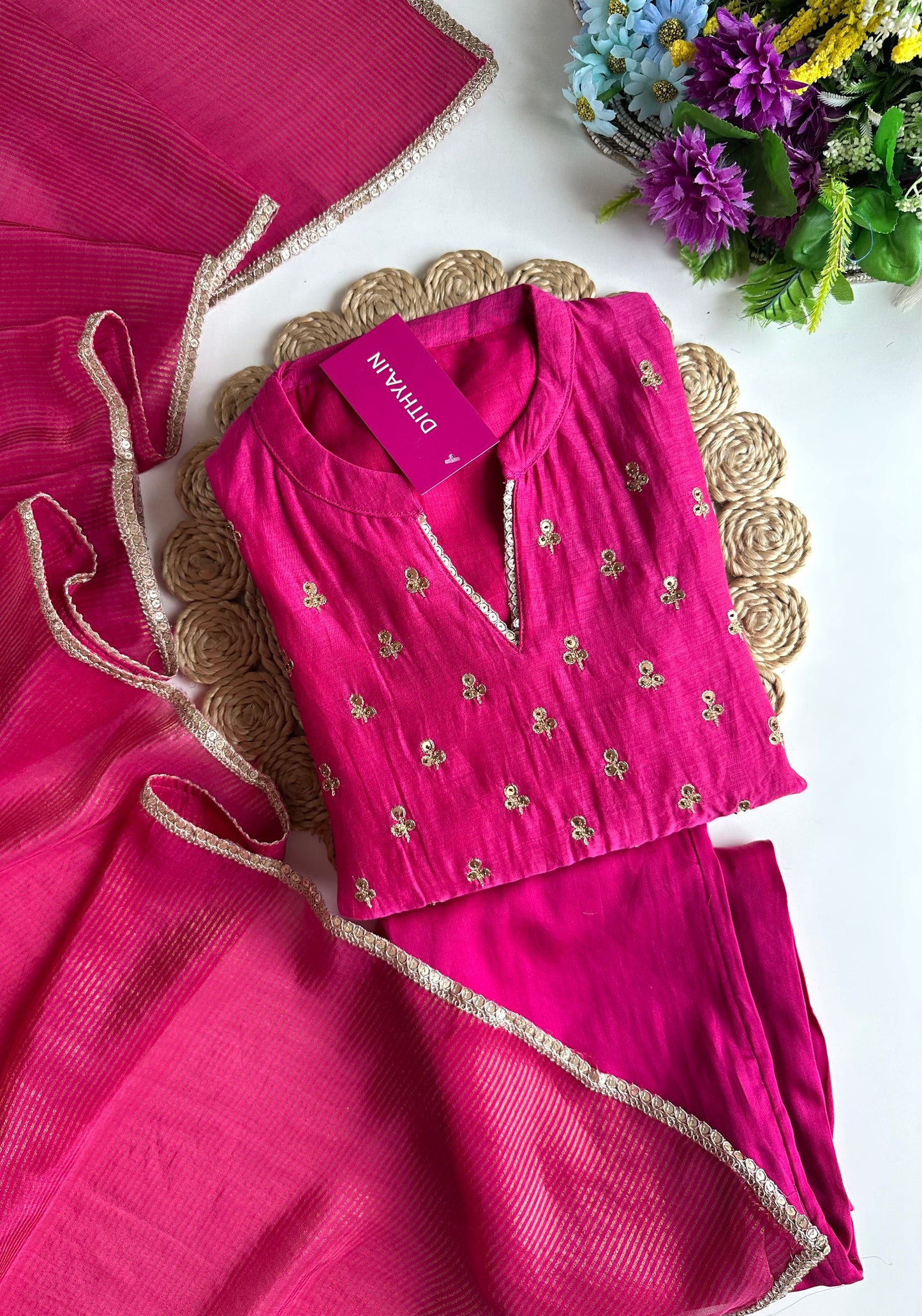 K013 - Mul Chanderi handwork Aline Kurti with pants and dupatta