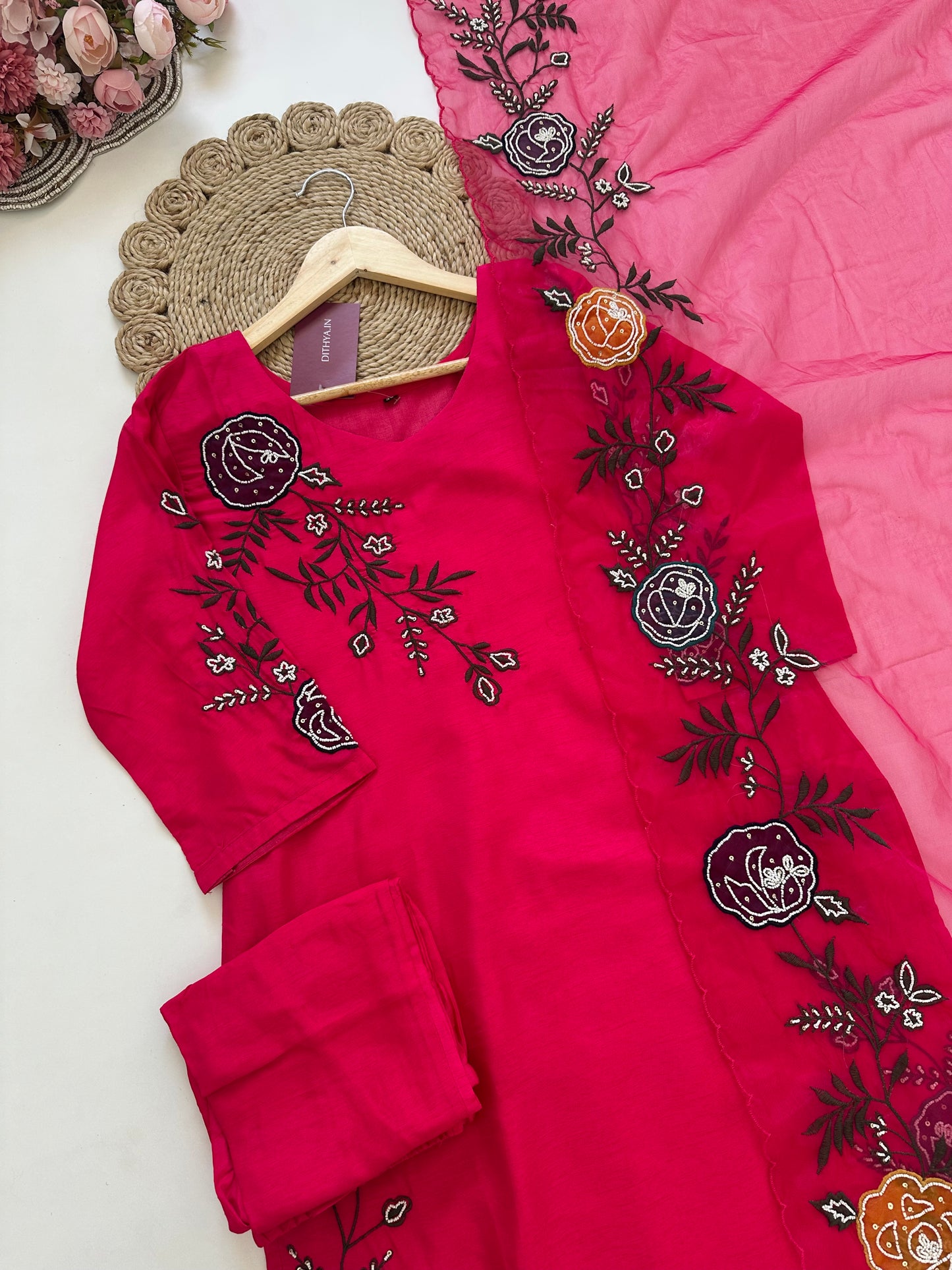 K074 - Russian silk Handwork straight kurti with pants and organza dupatta .