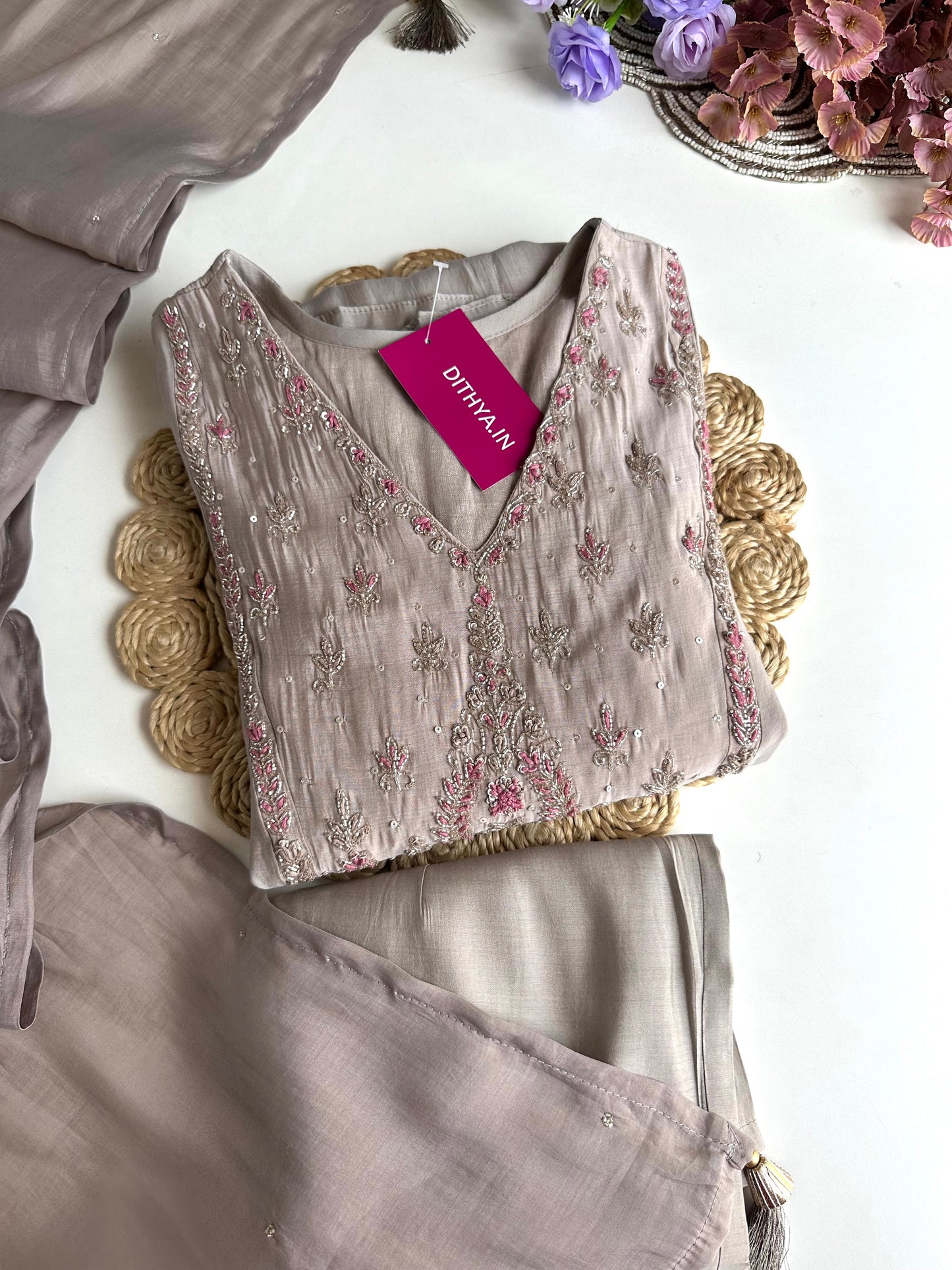 K283 - Mul Chanderi Handwork Anarkali with pants and dupatta