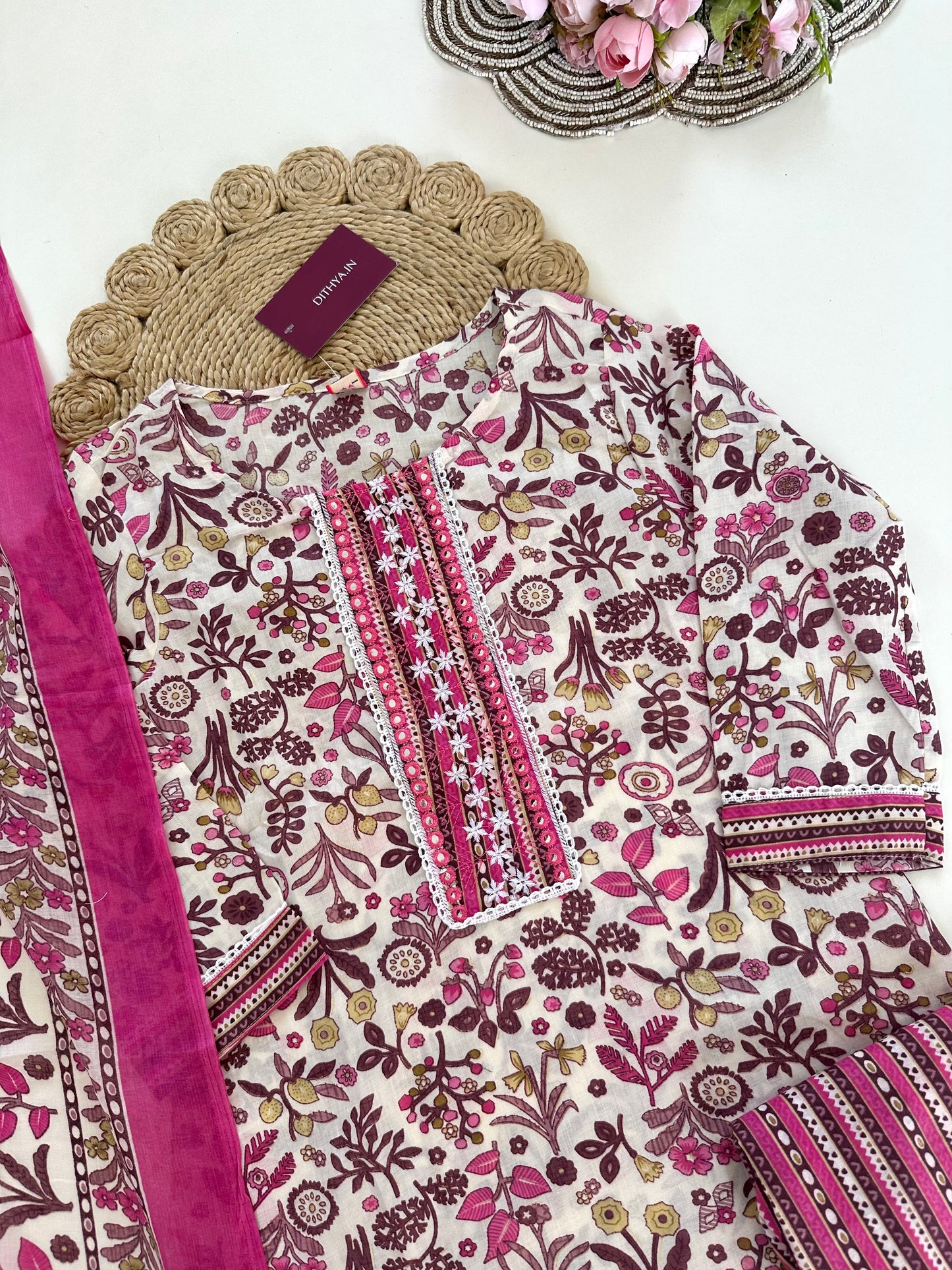 K164 - Cotton printed straight Kurti with pants and dupatta in 3 colours