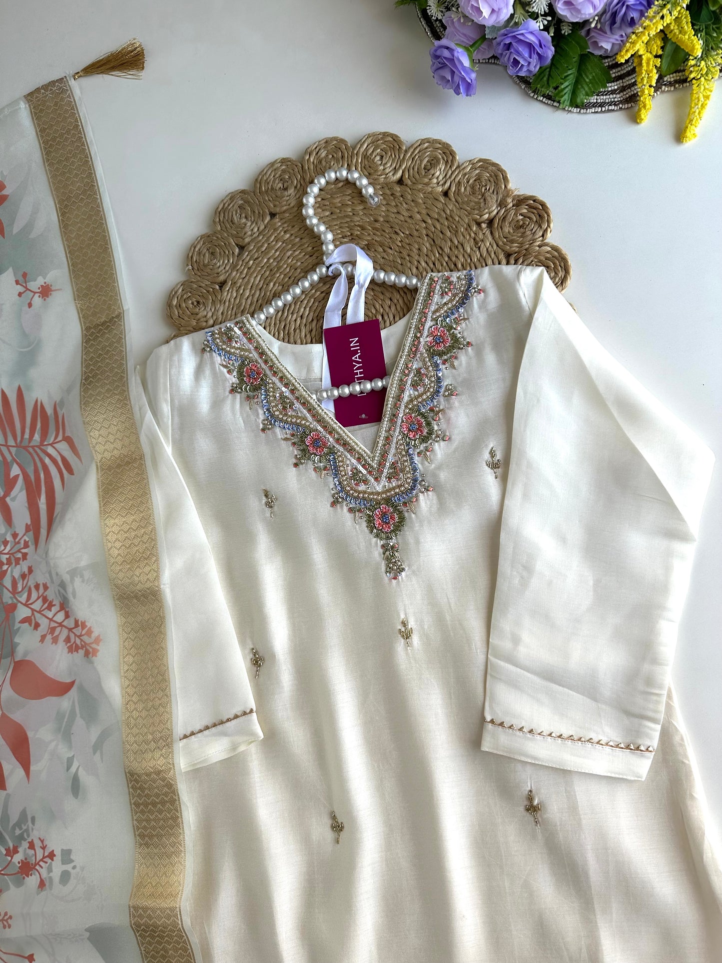 K024 - Roman silk handwork straight Kurti with pants and dupatta in 3 colours