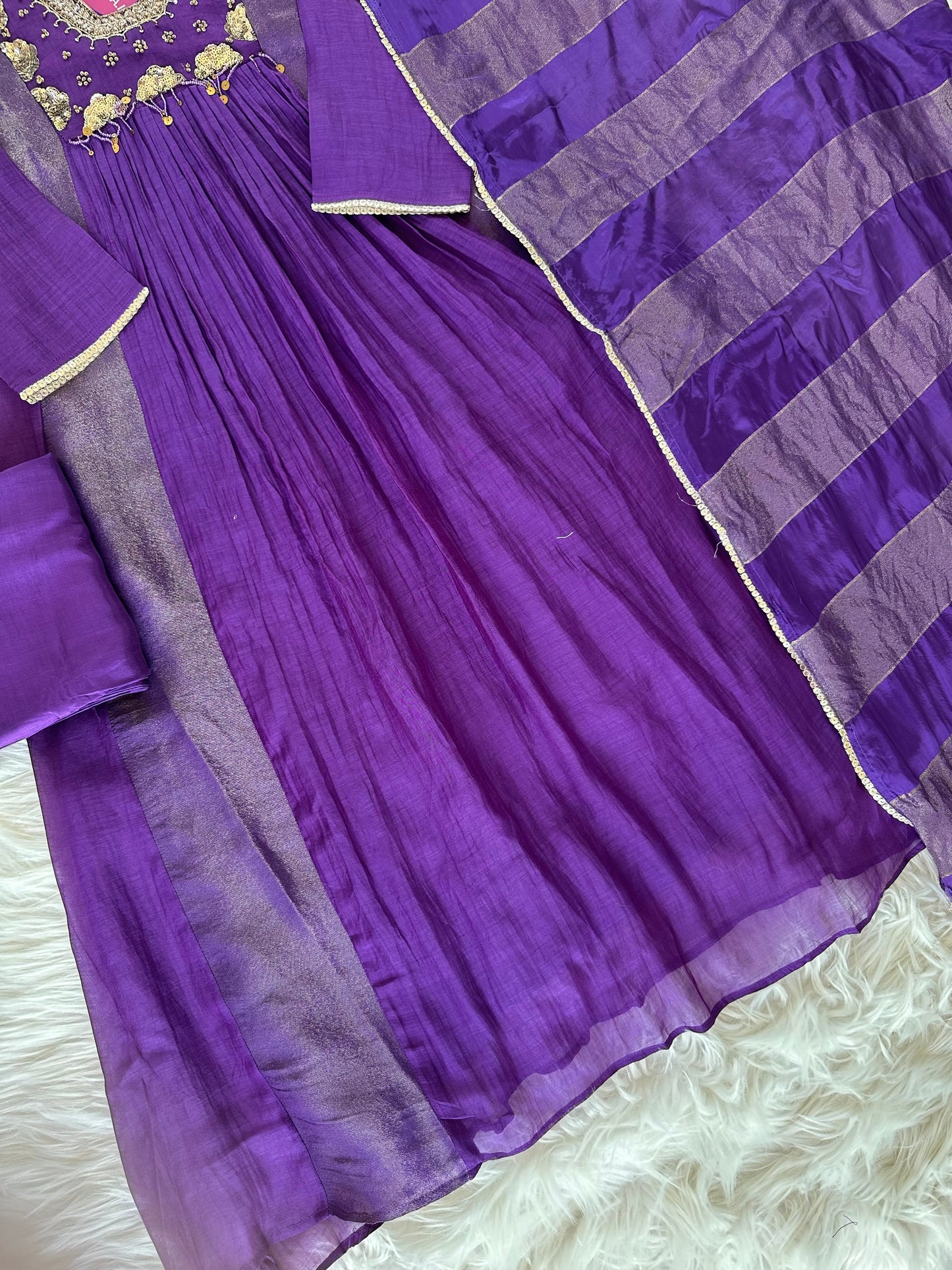 K405 - Mul Chanderi handwork Aline Kurti with pants and dupatta
