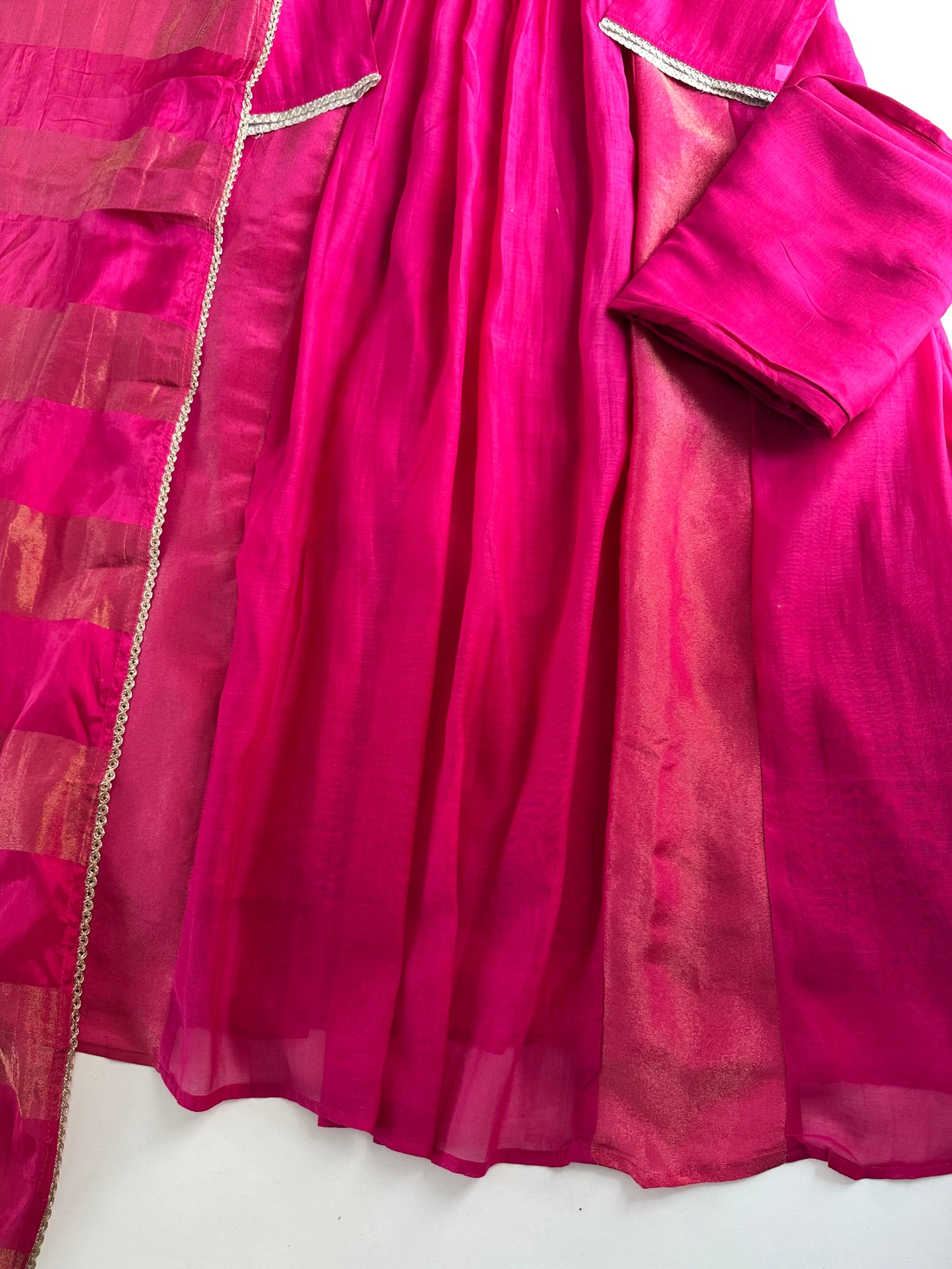 K405 - Mul Chanderi handwork Aline Kurti with pants and dupatta in 2 colours