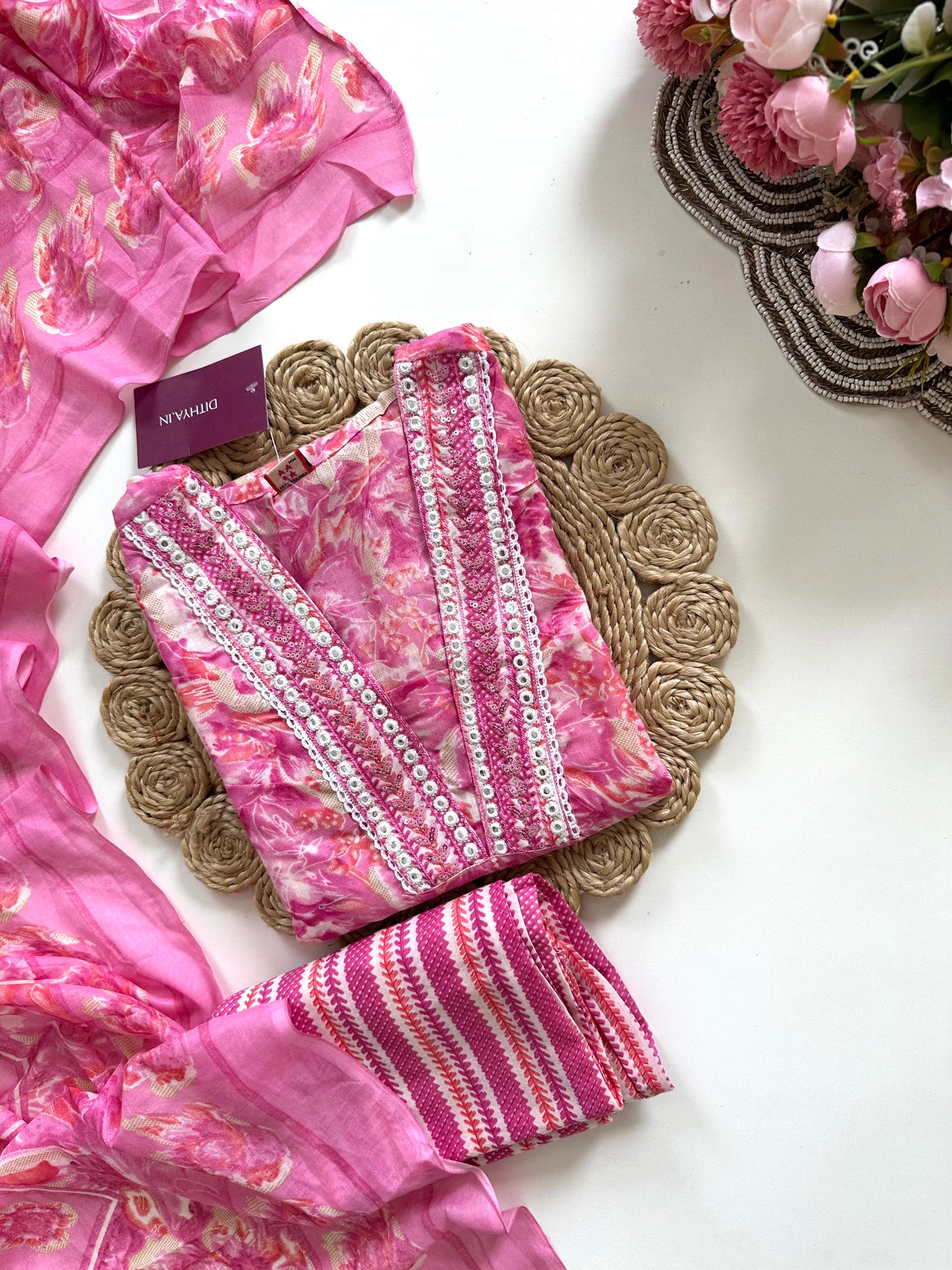 K387 - Cotton floral straight Kurti with pants and dupatta in 4 colours