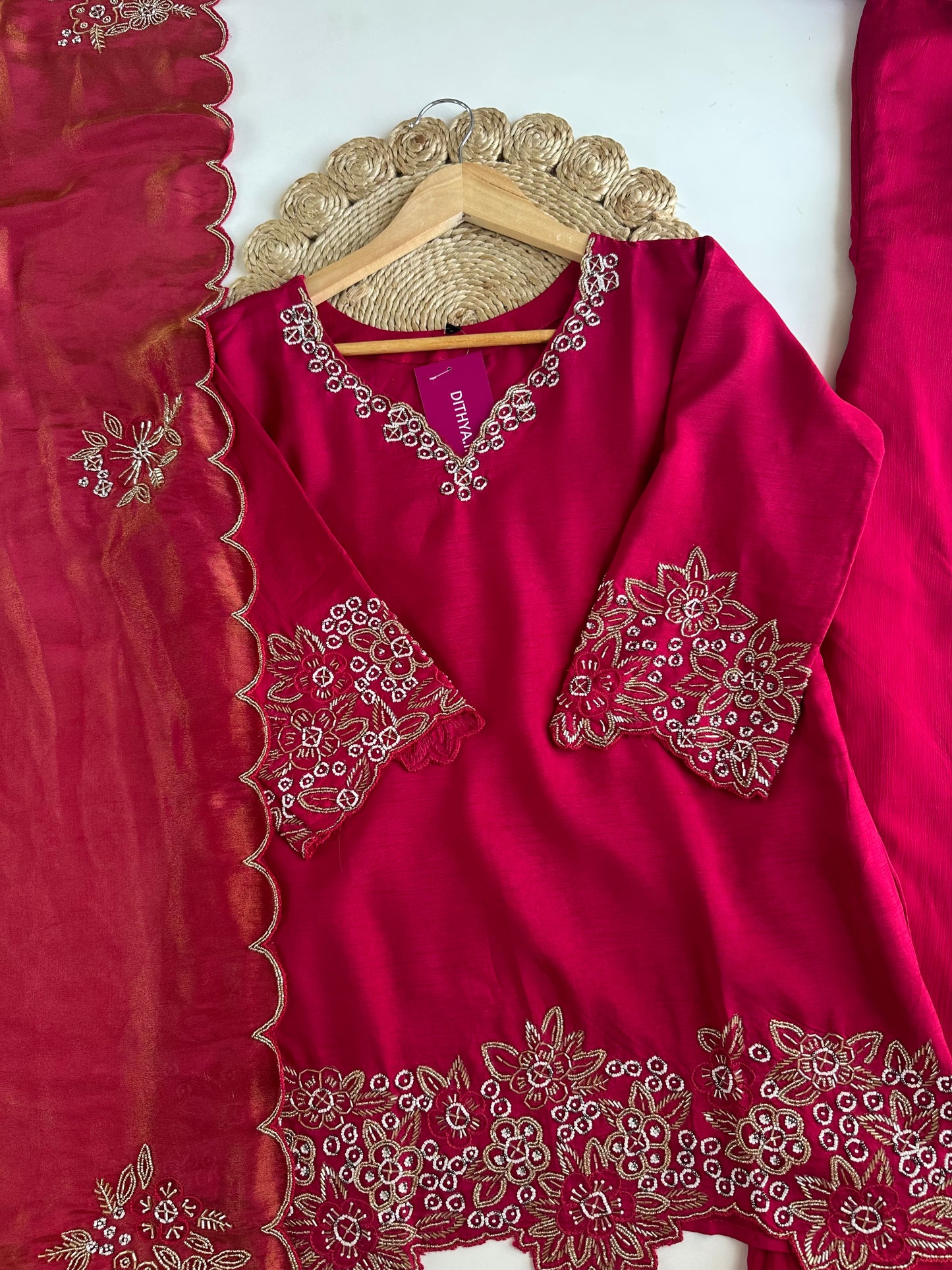 K342 - Russian silk handwork short Kurti with palazzo and silk dupatta