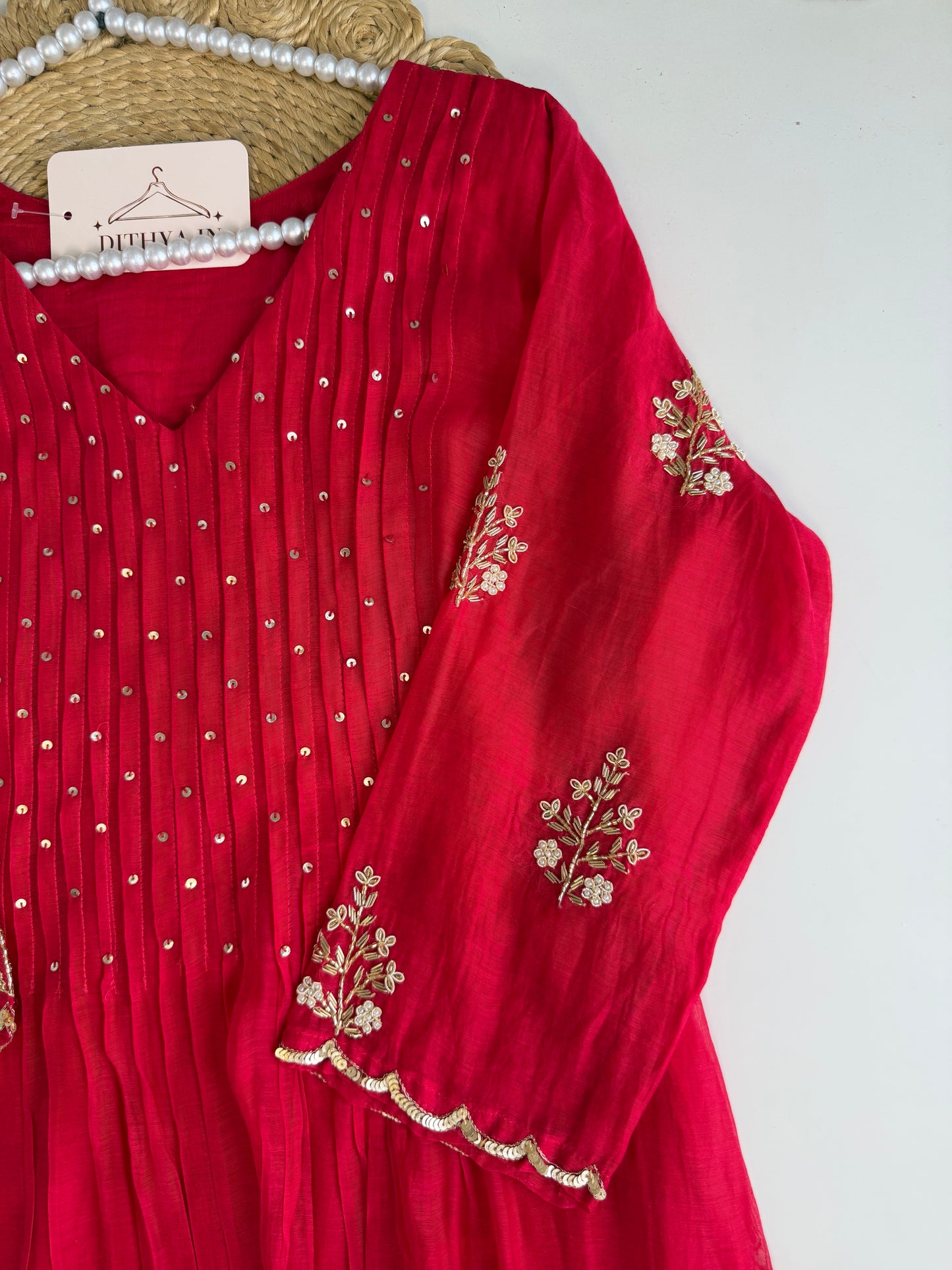 K537 - Mul chanderi handwork Aline Kurti with pants and dupatta