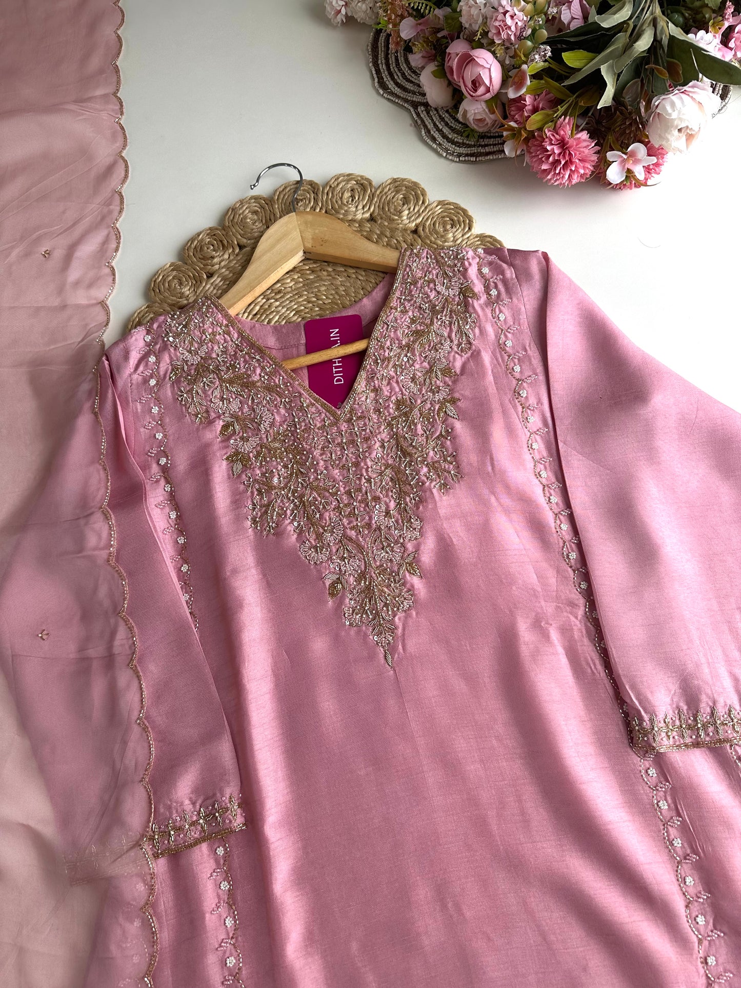 K091 - Russian silk handwork Anarkali with pants and dupatta