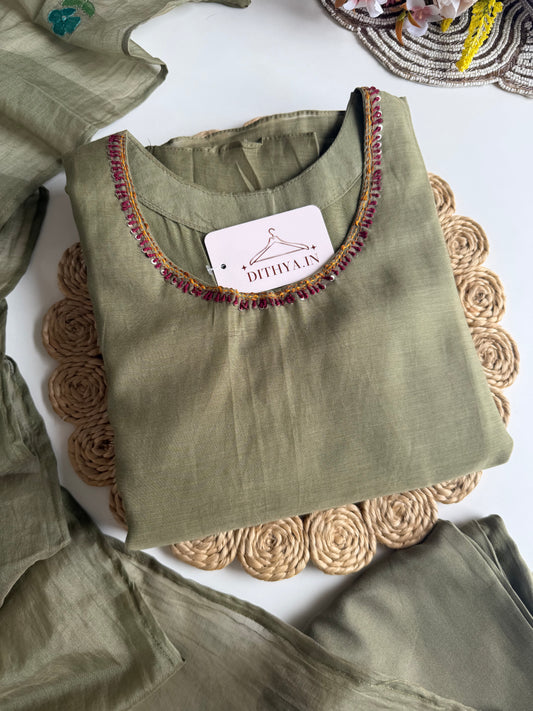 K496 - Mul chanderi appliqué work aline Kurti with pants and dupatta