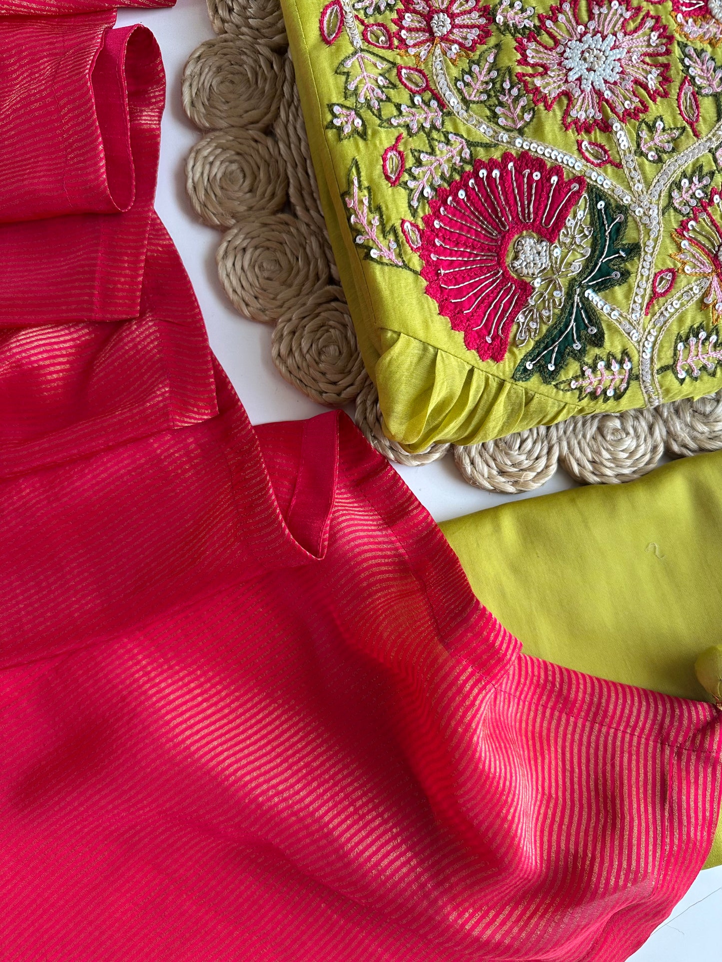 K148 - Mul Chanderi handwork Aline Kurti with pants and dupatta