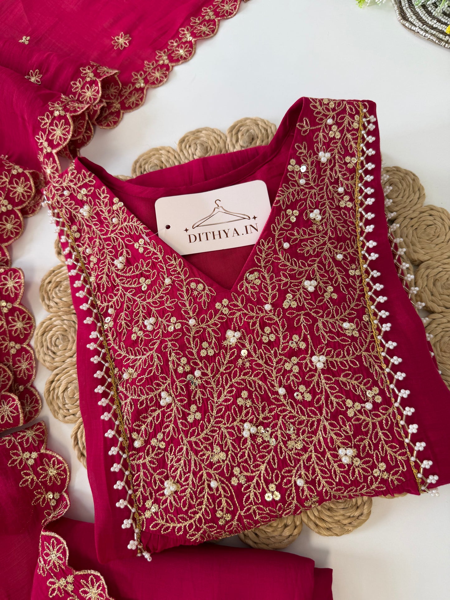 K535 - Mul chanderi handwork Aline Kurti with pants and dupatta