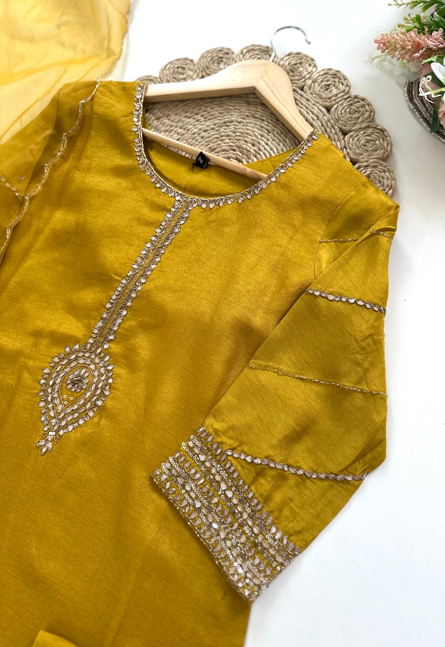 K271 - Russian silk Gota work Straight kurti with pants and dupatta