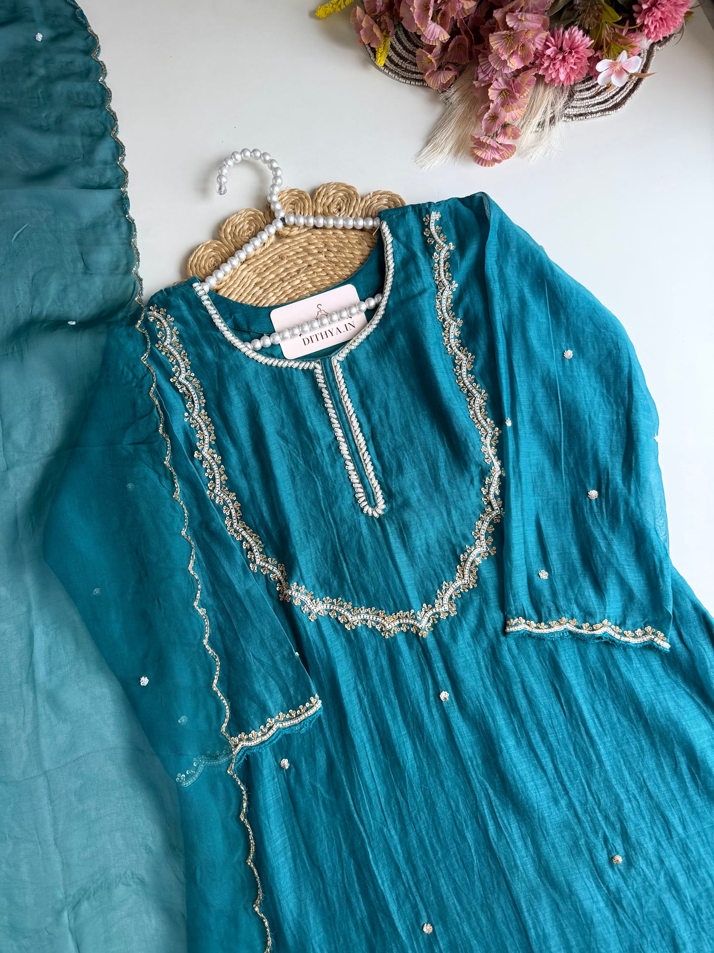 K506 - Mul chanderi handwork aline Kurti with pants and dupatta