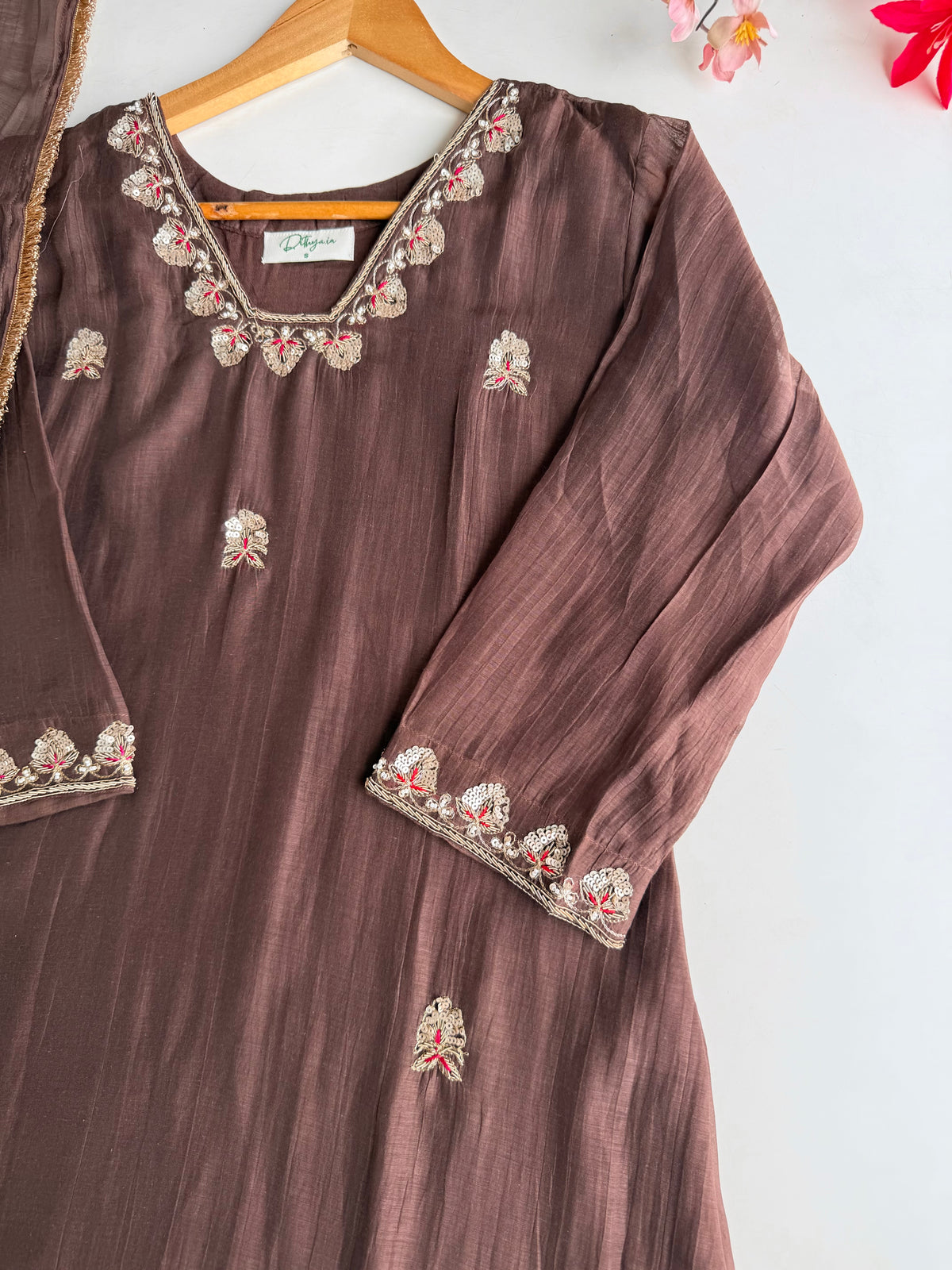 K165 - Mul chanderi handwork Aline Kurti with pants and dupatta