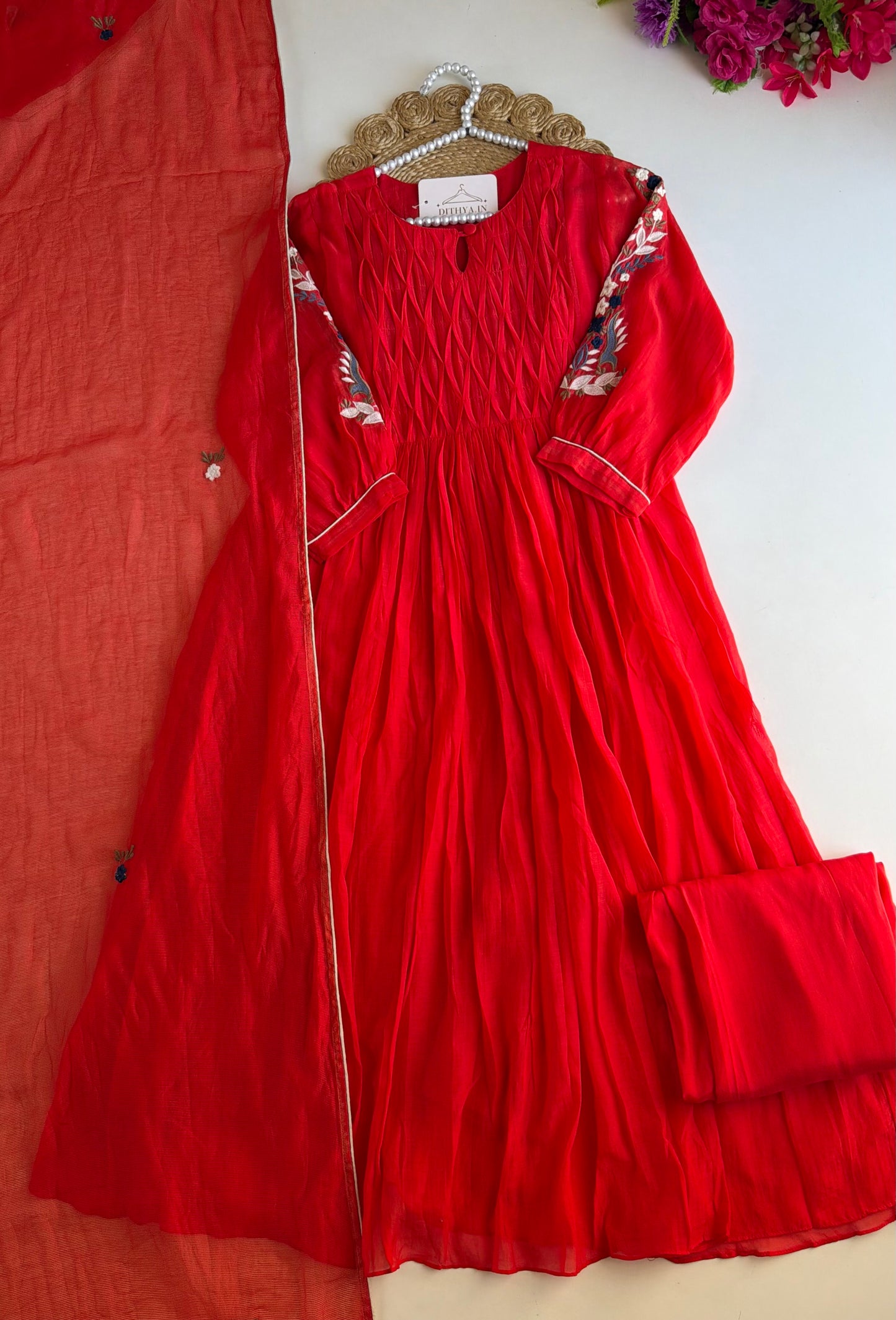 K574 - Mul chanderi embroidered Anarkali with pants and dupatta
