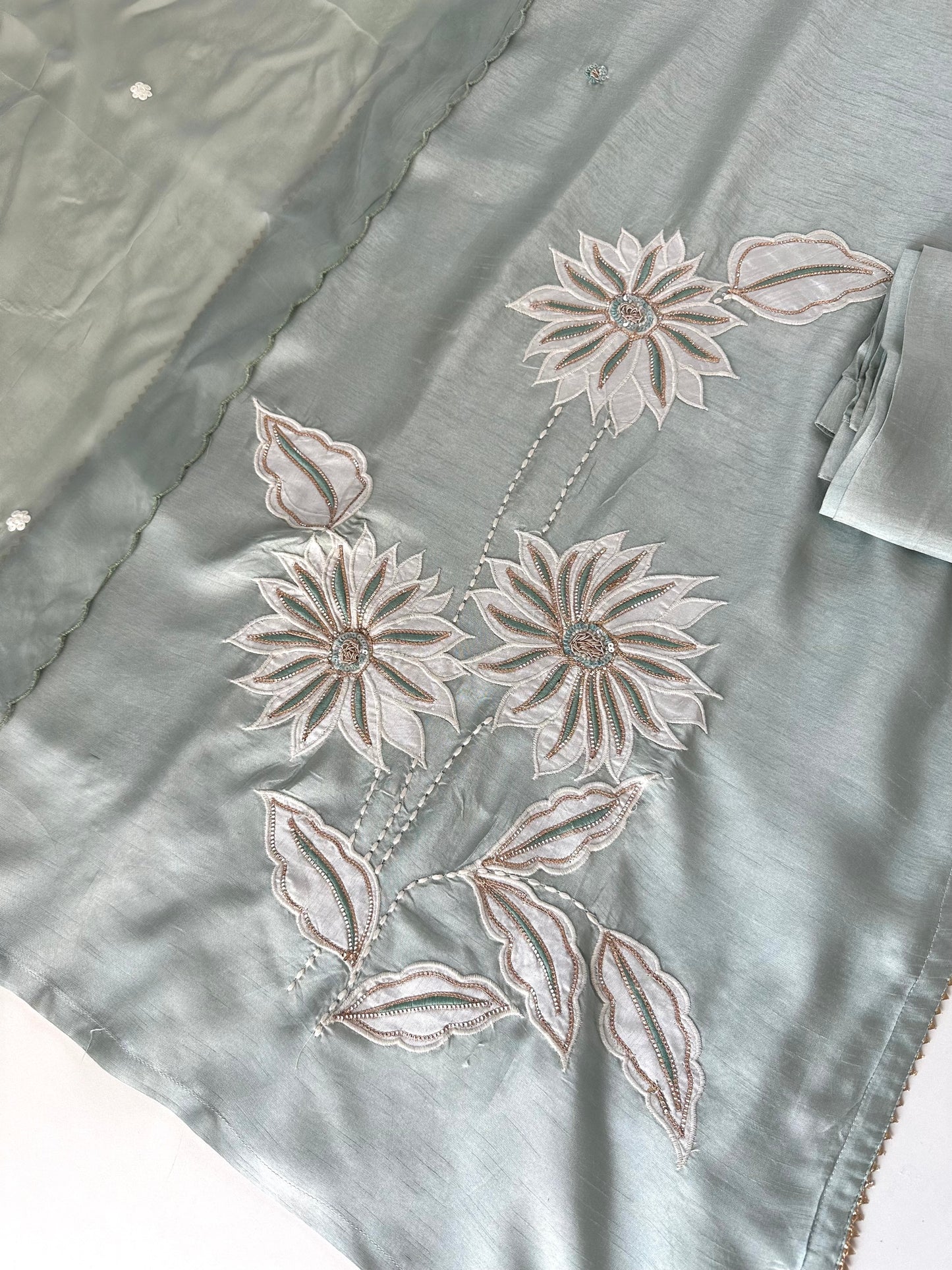 K178 - Mul Chanderi Handwork Straight kurti with pants and dupatta.