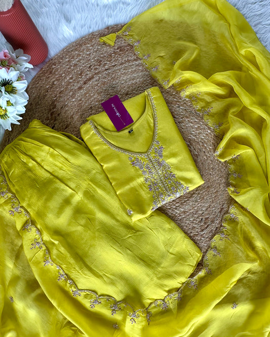 K062 - Russian silk handwork Kurti with sharara and dupatta