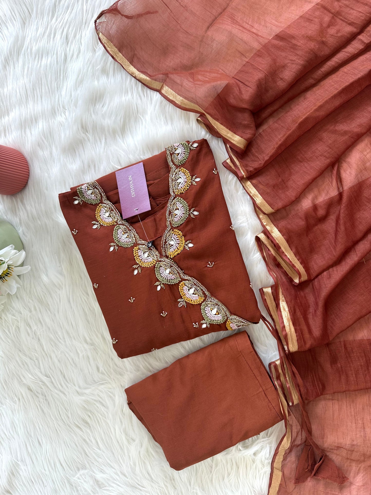K049 - Mul Chanderi handwork Angrakha Anarkali with pants and dupatta
