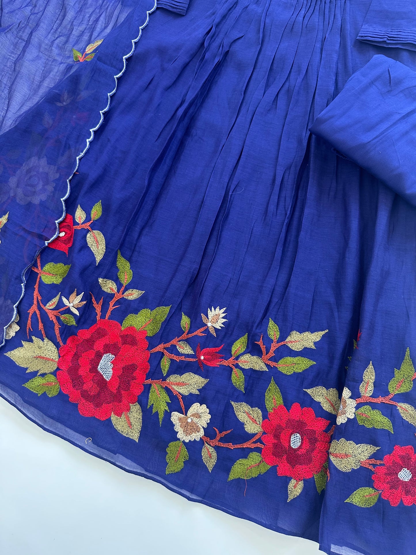 K308 - Mul Chanderi hand embroidered Aline Kurti with pants and dupatta in 2 colours .