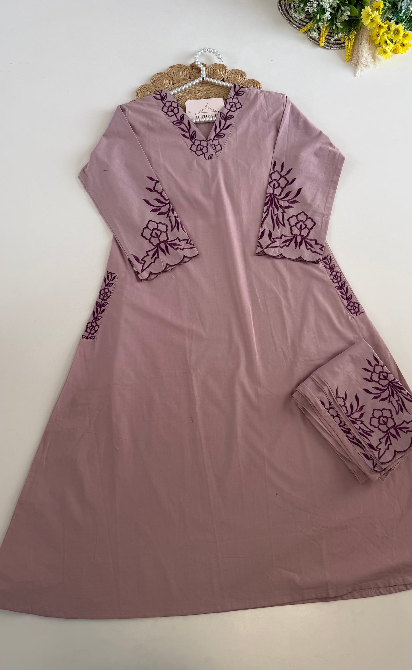 K442 - Cotton embroidered aline Kurti with pants and dupatta