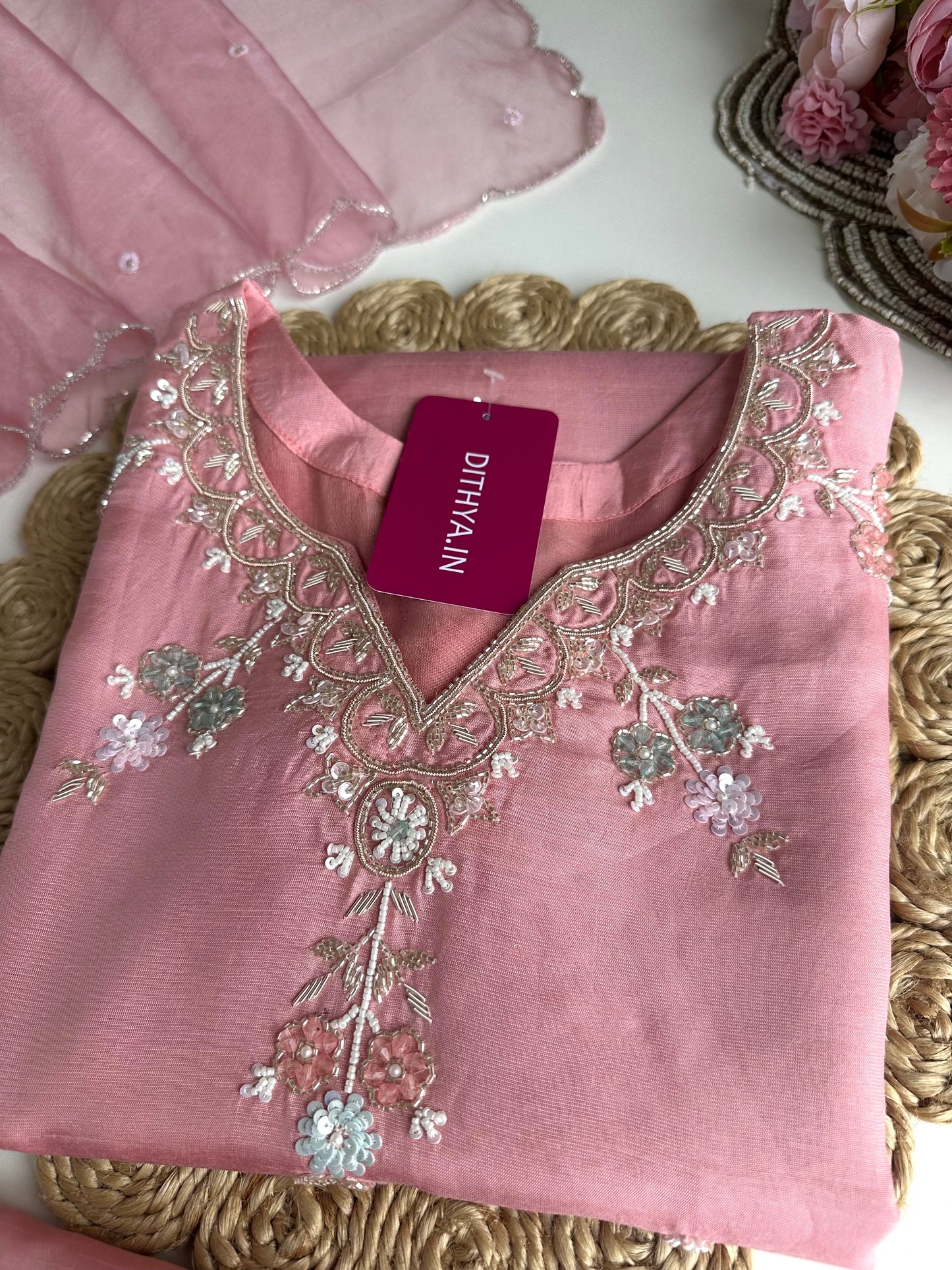 K052 - Russian silk handwork short Kurti with pants and dupatta