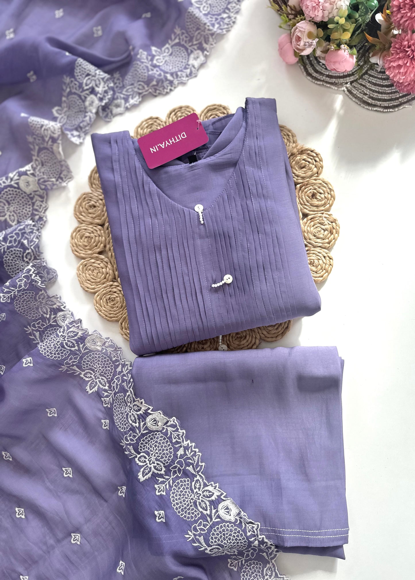 K319 - Muslin silk embroidered Aline Kurti with pants and dupatta in 2 colours
