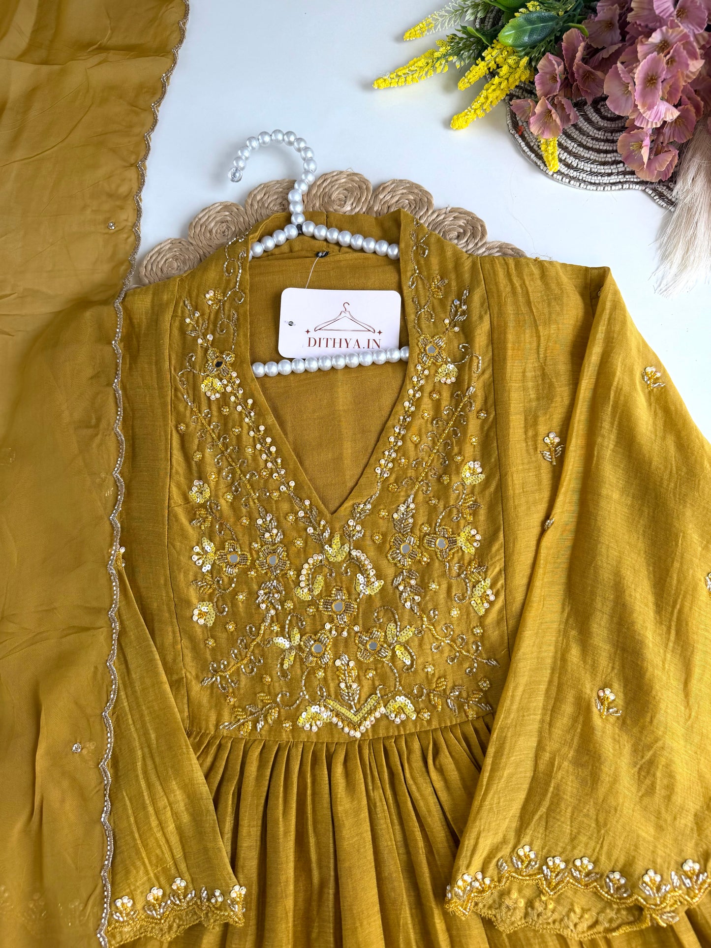 K508 - Mul chanderi Handwork Kurti with pants and dupatta