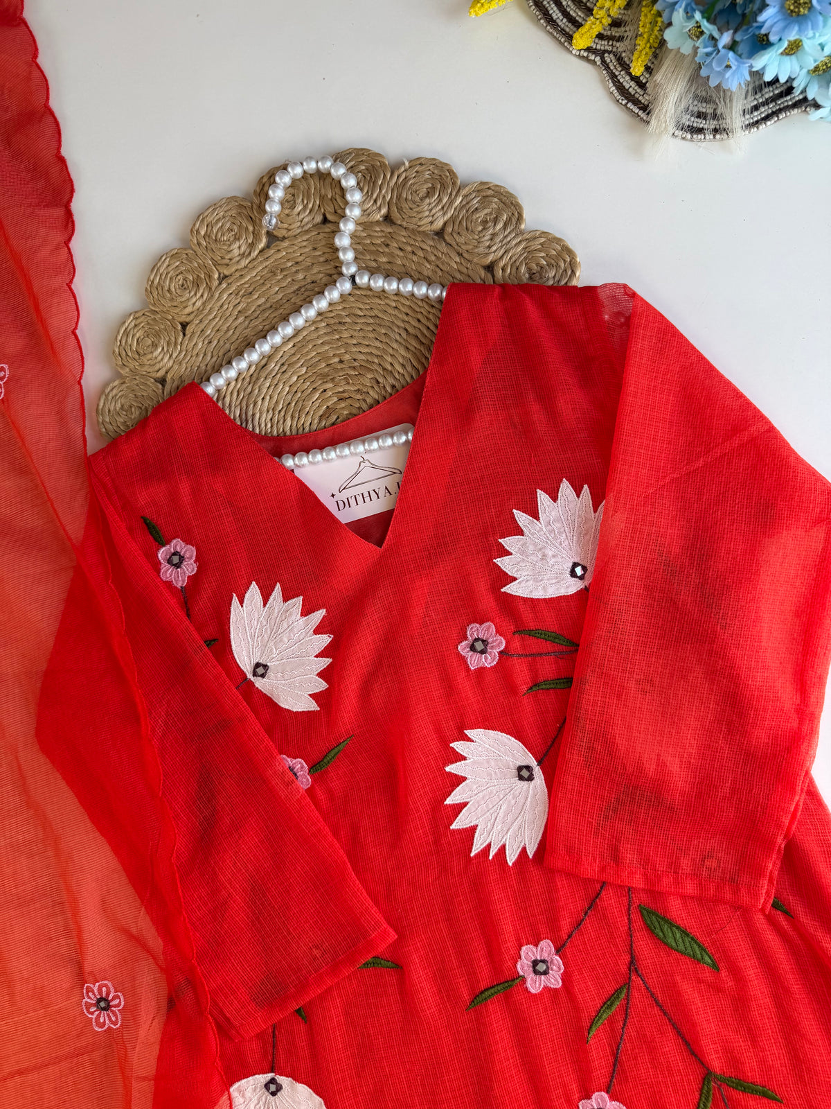 K295 - Kota doriya appliqué Aline Kurti with pants and dupatta