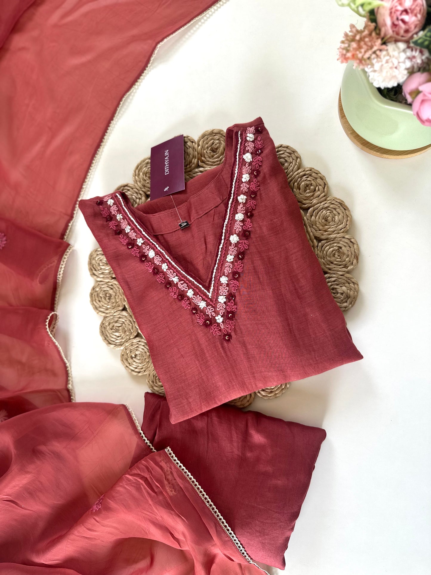 K116 - Mul Chanderi Threadwork Anarkali with pants and dupatta .