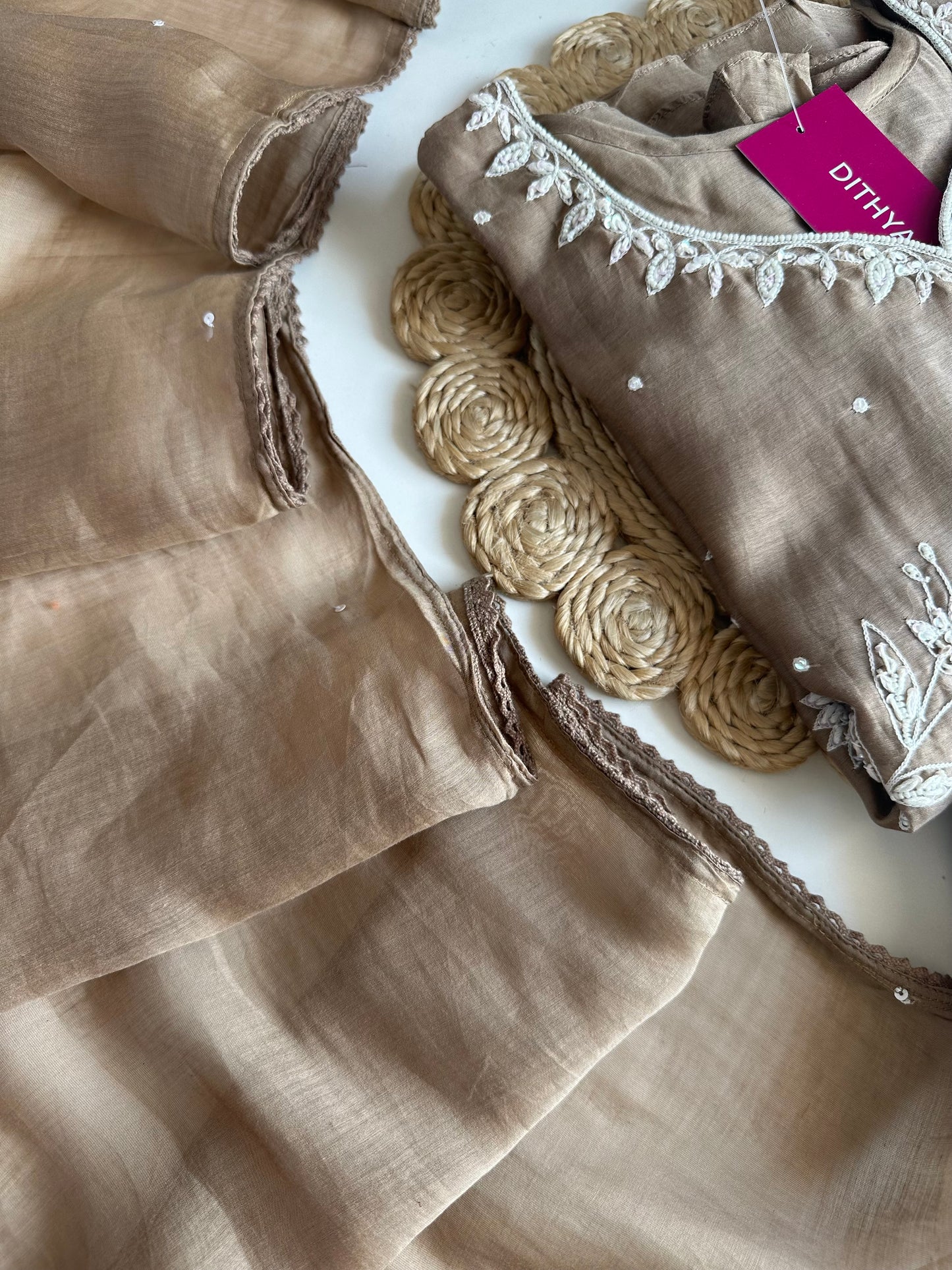 K079 - Mul Chanderi Handwork Aline Kurti with pants and dupatta