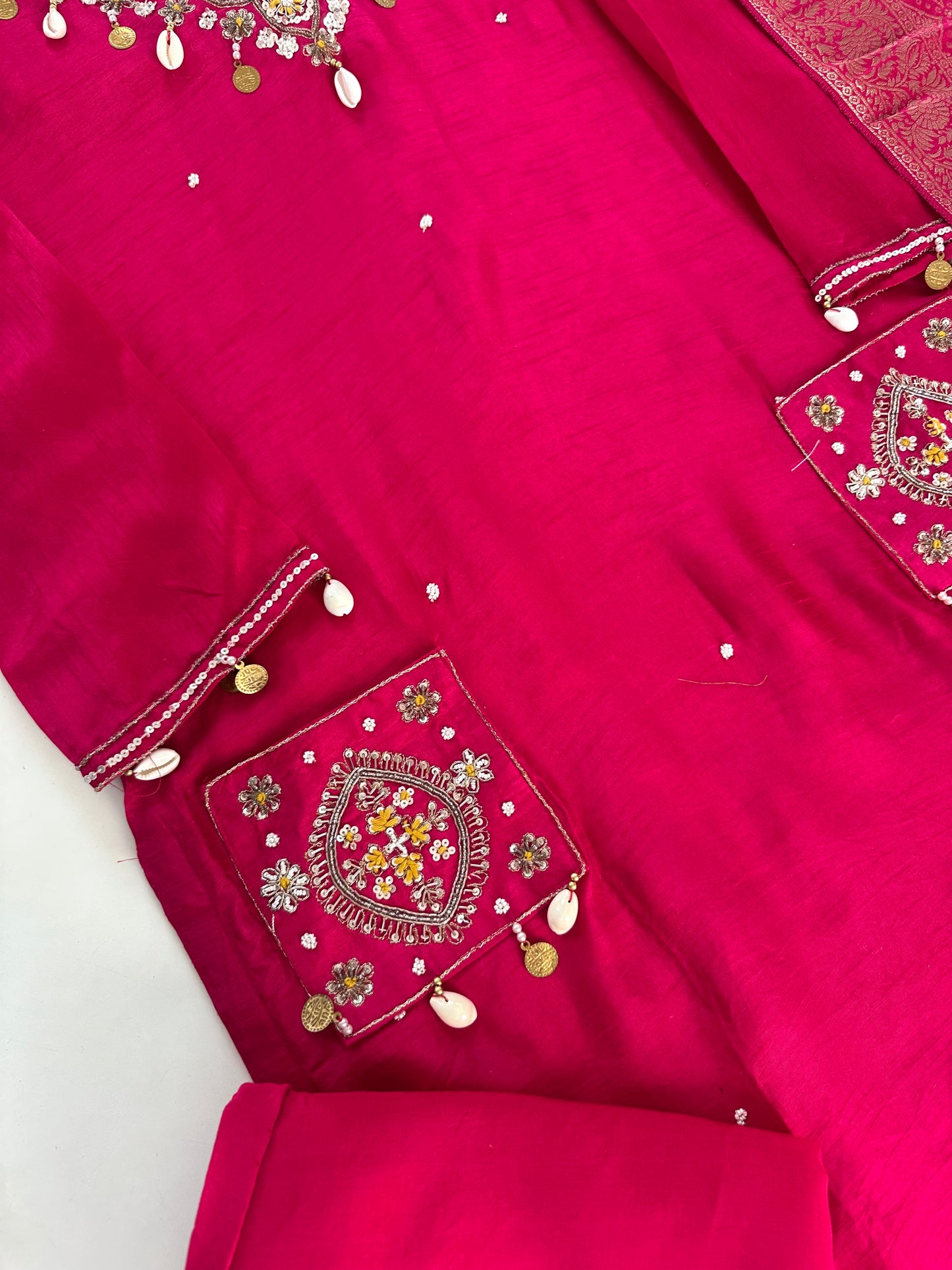 K241 - Russian silk handwork Straight kurti with pants and Banarasi silk dupatta .