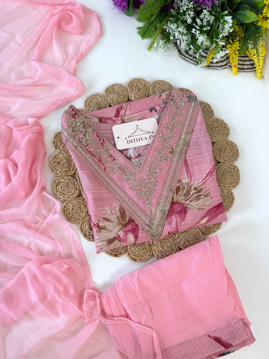 K543 - Roman silk embroidered straight Kurti with pants and dupatta