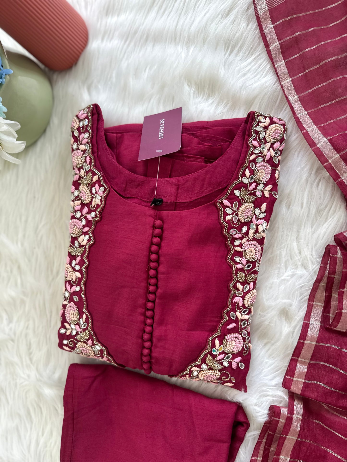 K235 - Mul chanderi handwork Aline Kurti with pants and dupatta