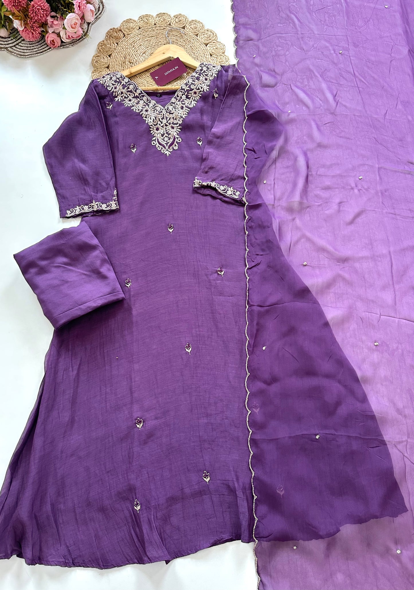 K126 - Zardosi mul Chanderi Aline Kurti with pants and dupatta
