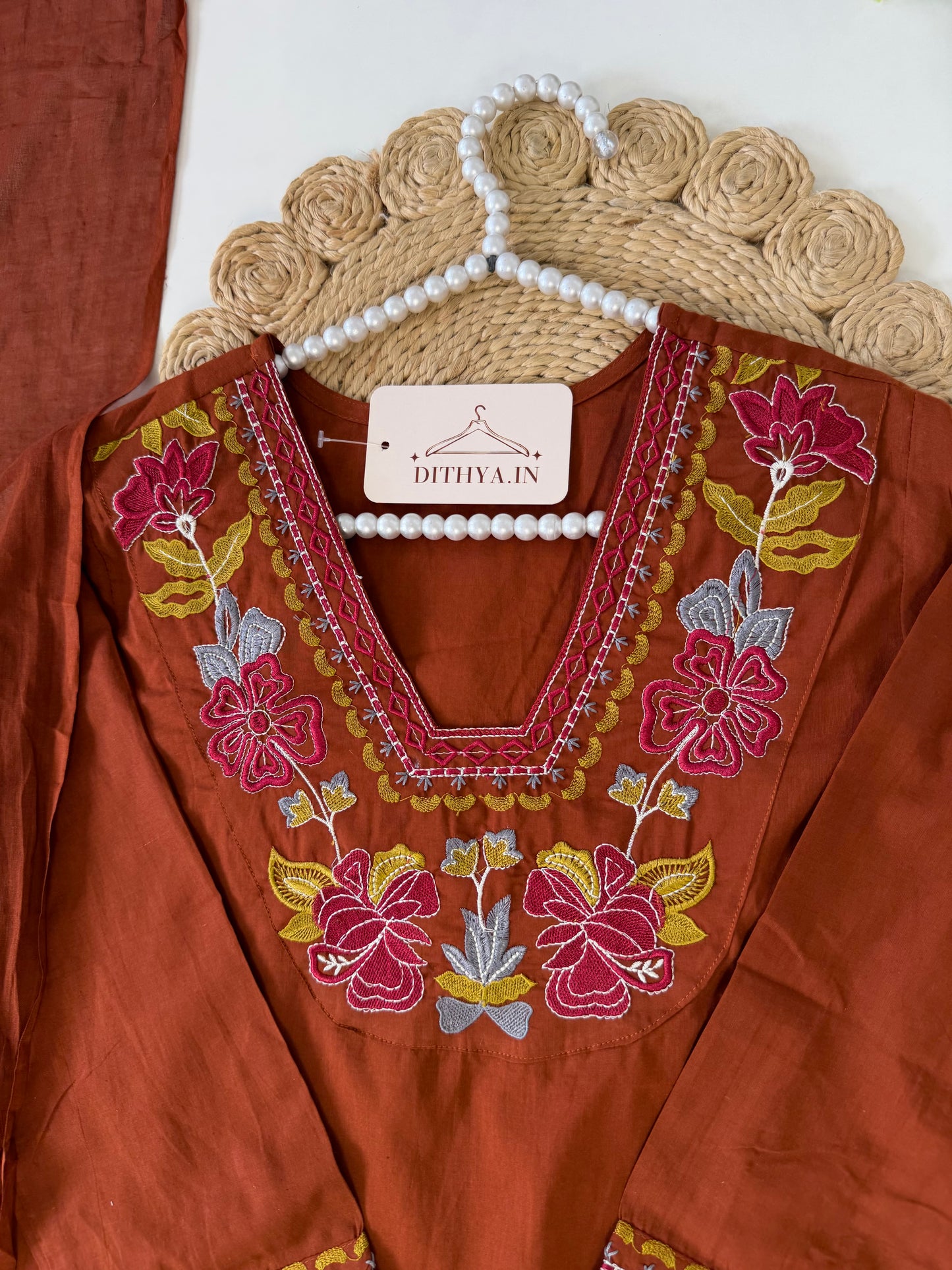 K100 - Mul cotton embroidered aline Kurti with pants and dupatta in 2 colours
