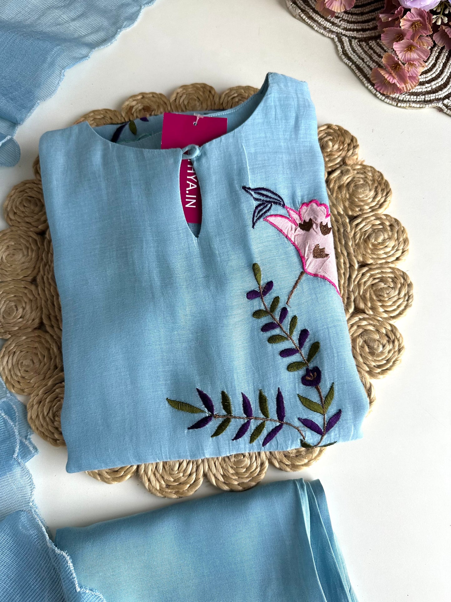 K367 - Mul Chanderi appliqué work Aline Kurti with pants and dupatta