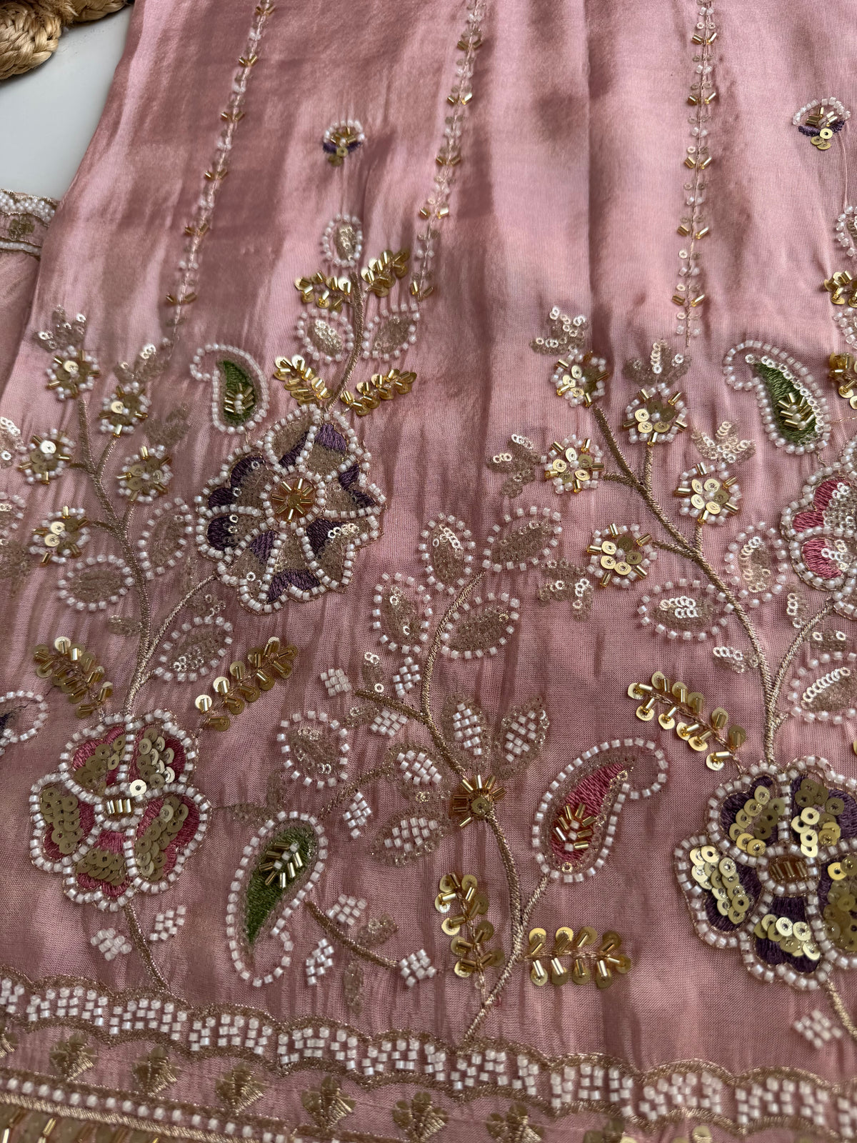 K627 - Tissue silk handwork straight Kurti with pants and dupatta