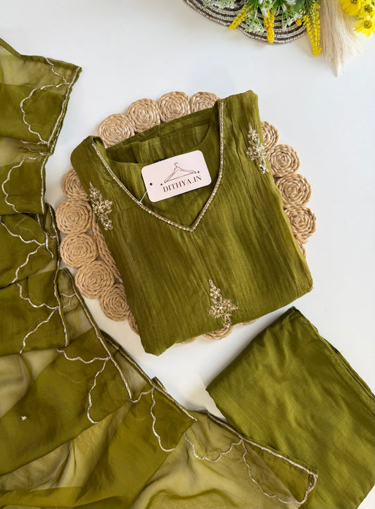 K551 - Mul chanderi handwork Aline Kurti with pants and dupatta