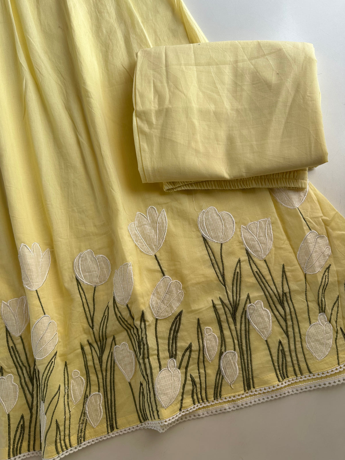 K382 - Mul cotton embroidered Aline Kurti with pants and dupatta