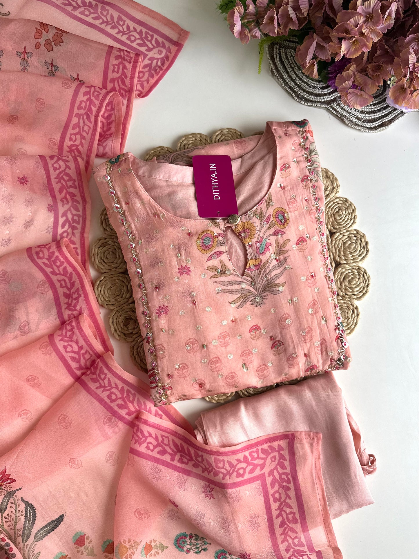 K424 - Viscose organza floral Anarkali with pants and dupatta