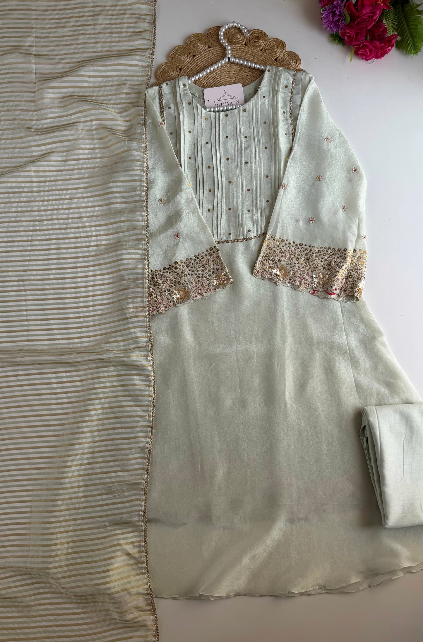 K700 - Tissue silk handwork aline Kurti with pants and dupatta