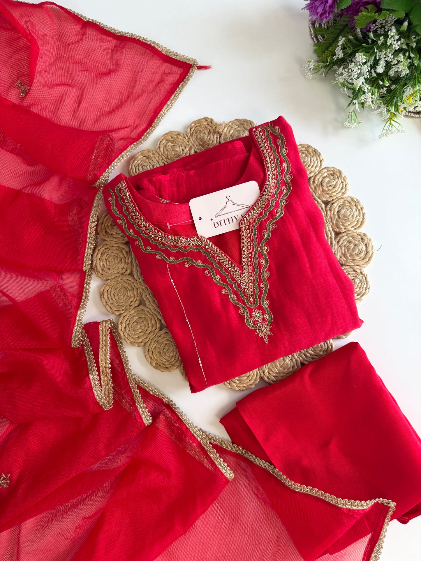 K532 - Mul chanderi Handwork aline Kurti with pants and dupatta