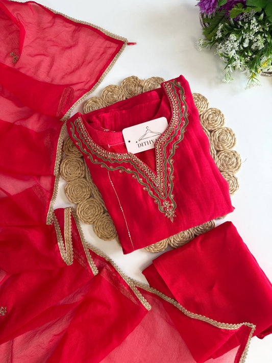 K532 - Mul chanderi Handwork aline Kurti with pants and dupatta