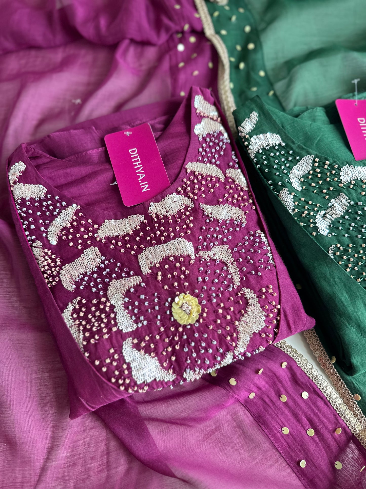 K032 - Pure mul Chanderi handwork Aline Kurti with pants and dupatta in 2 colours