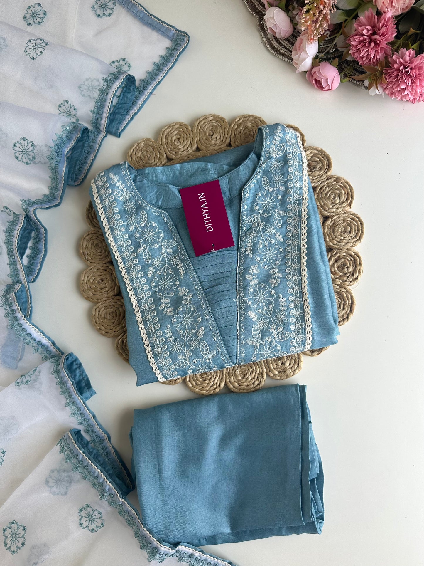 K028 - Russian silk embroidered straight Kurti with pants and dupatta