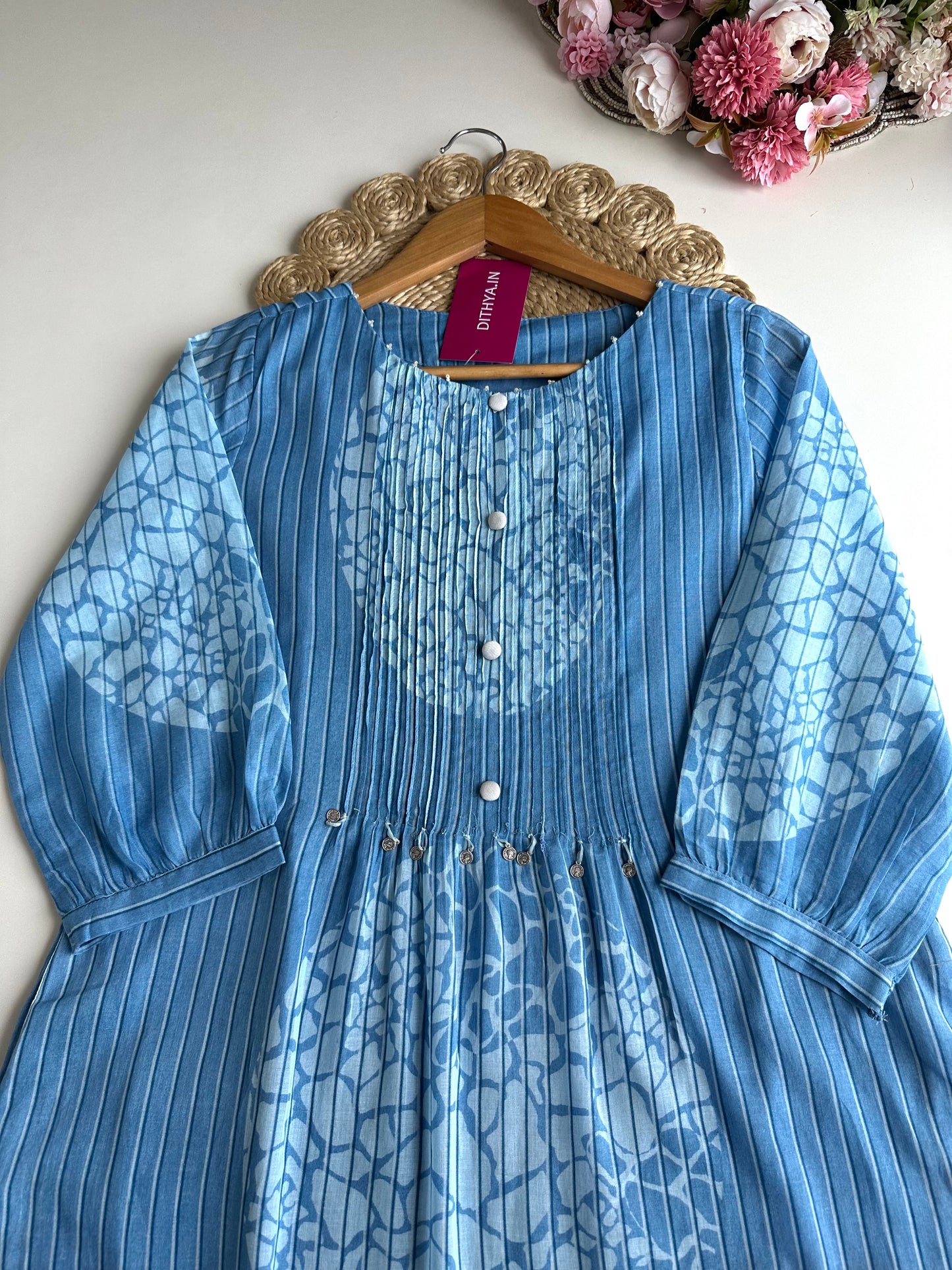 K238 - Cotton pintex floral Aline Kurti with pants in 2 colours